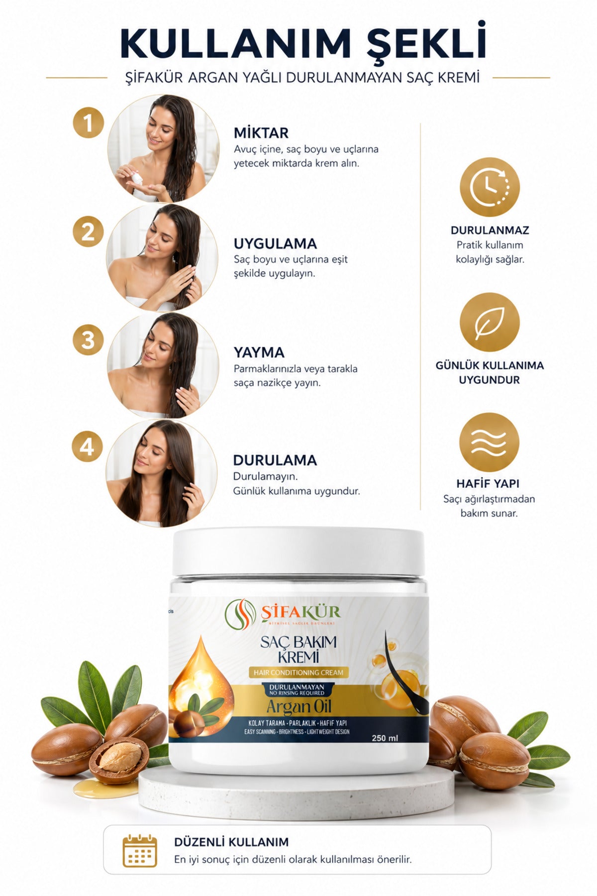 Durulanmayan Saç Kremi 250 ml Argan Yağlı Sülfatsız Kolay Tarama Kremi