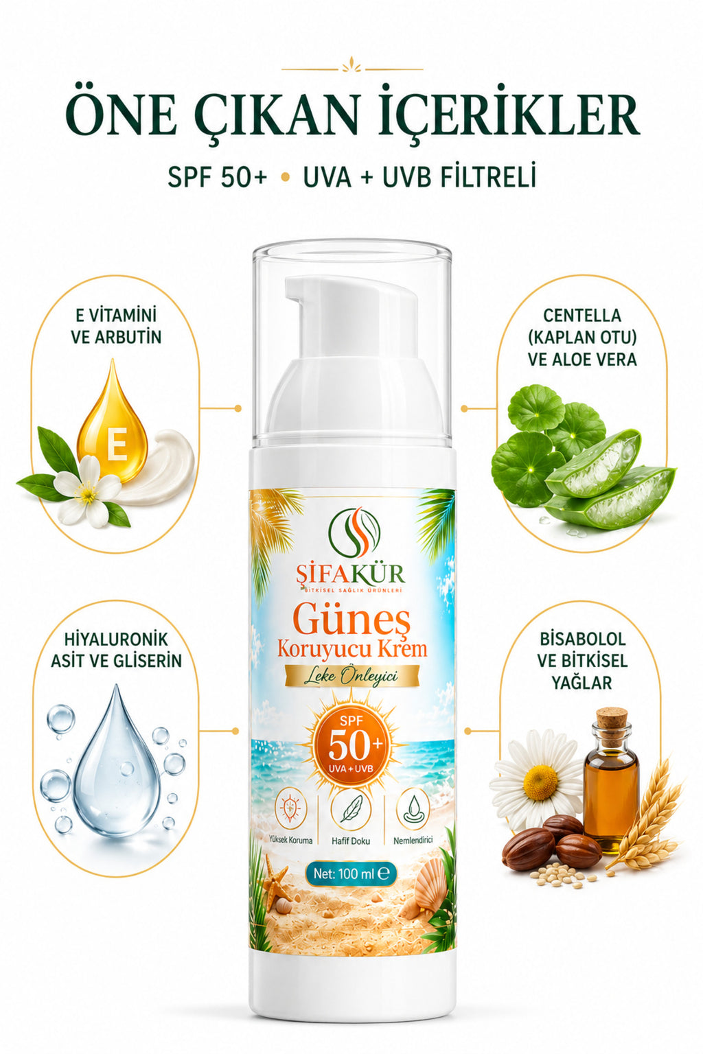 SPF 50+ Güneş Kremi UVA UVB Filtreli Arbutinli Hyaluronik Asitli Nemlendirici 100 ml
