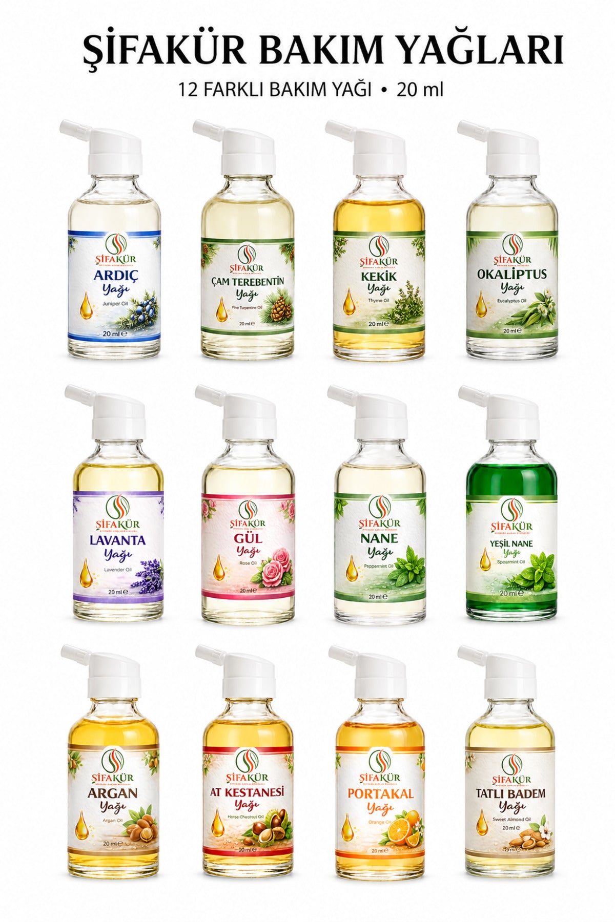 Bakım Yağı Seti 12'li 12 x 20 ml Argan Lavanta Gül Okaliptus ve Diğer Bitkisel Yağlar