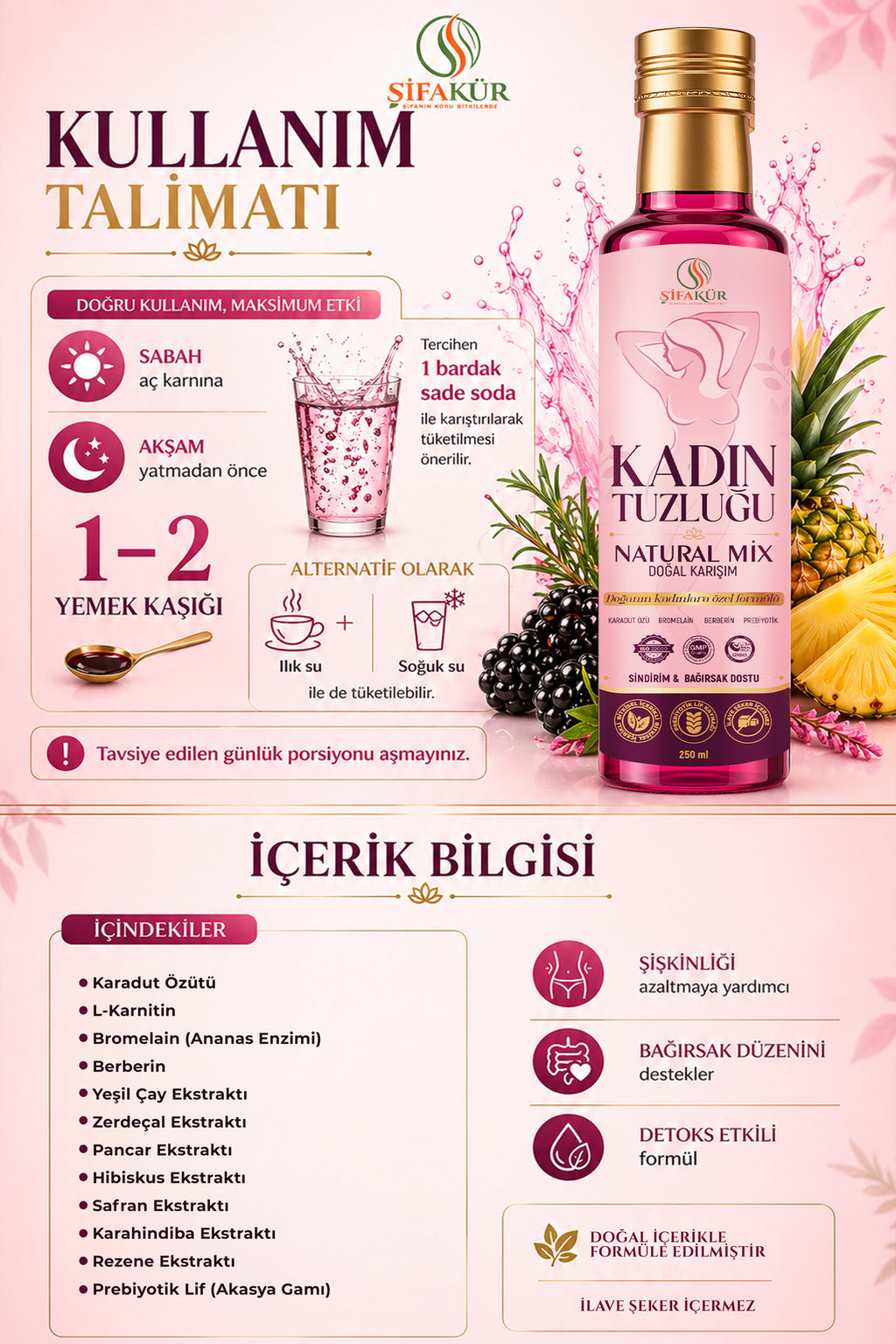 ŞİFAKÜR Kadın Tuzluğu Natural Mix 250 ml Sıvı Bitkisel Karışım Karadut Özlü Bromelain Prebiyotik