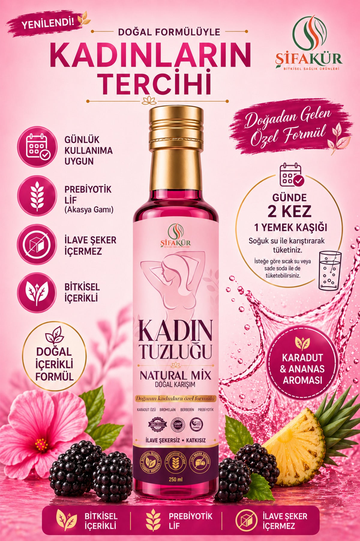 ŞİFAKÜR Kadın Tuzluğu Şurubu Natural Mix 250 ml Karadut Ananas Aromalı Bromelain Berberin Safran Prebiyotik