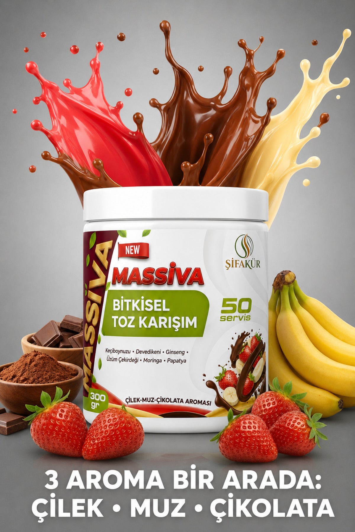 Şifakür Massiva Bitkisel Toz İçecek Karışımı Ginsengli Çilek Muz Çikolata Aromalı 50 Servis 300 gr