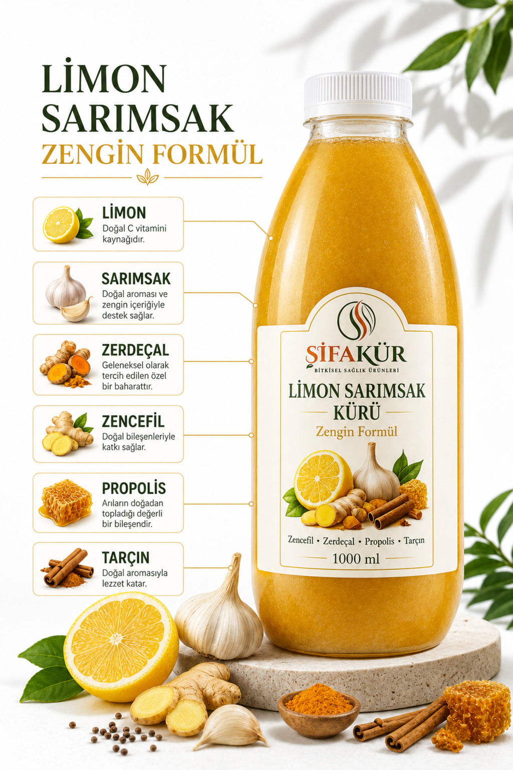 Limon Sarımsak Kürü 1000ml Zencefilli Zerdeçallı Propolisli Tarçınlı 60 Gün Dinlendirilmiş