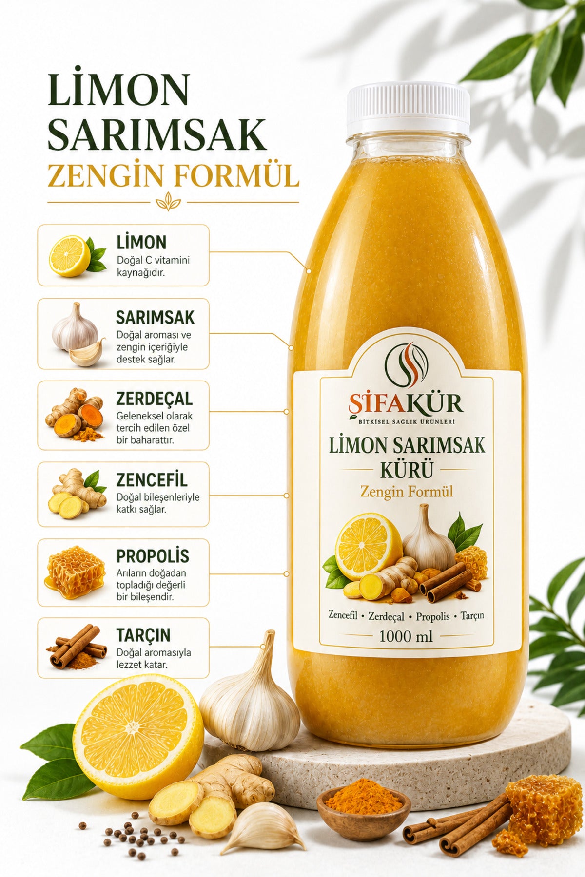 Limon Sarımsak Kürü 1000ml Zencefilli Zerdeçallı Propolisli Tarçınlı 60 Gün Dinlendirilmiş
