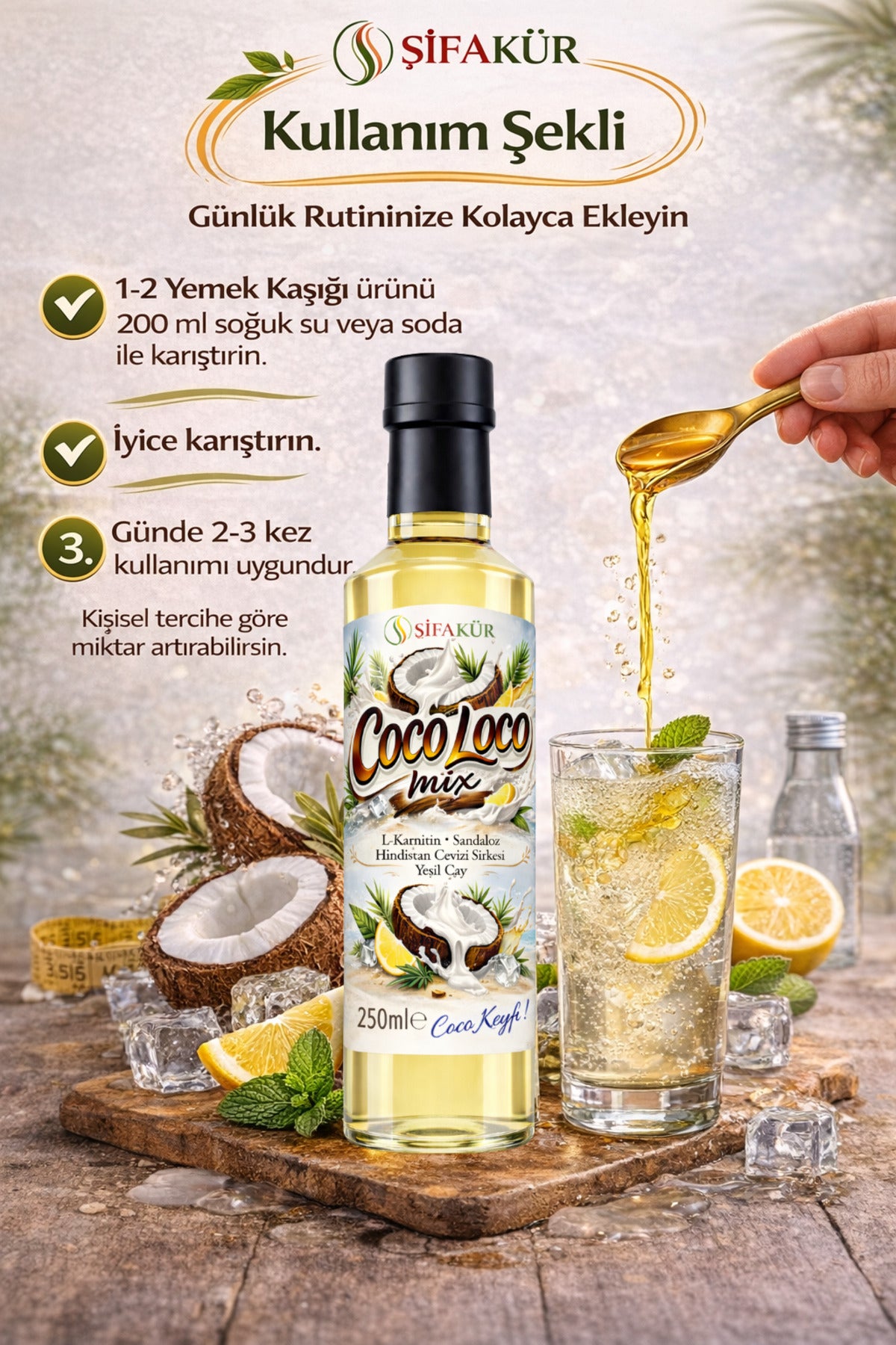 Şifakür Coco Loco Mix Doğal Hindistan Cevizi Sirkesi ve Şurubu İçecek Konsantresi 250 ml