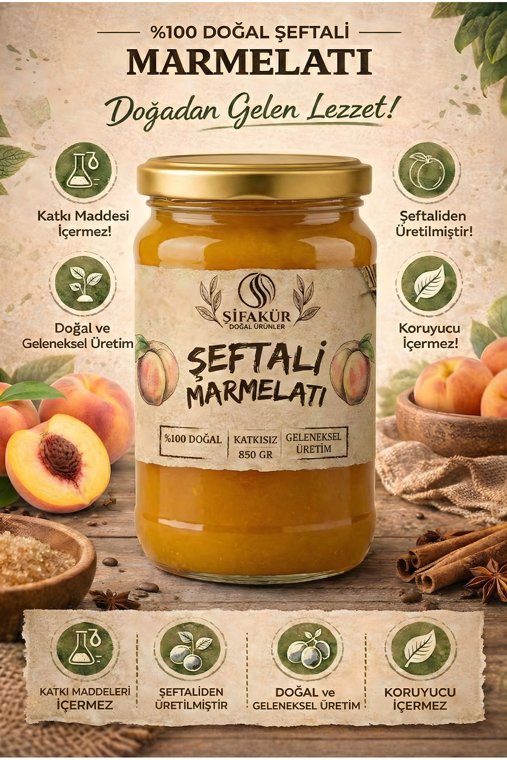 Şifakür Şeftali Marmelatı Katkısız Şeker İlavesiz Doğal Geleneksel Lezzet 850g