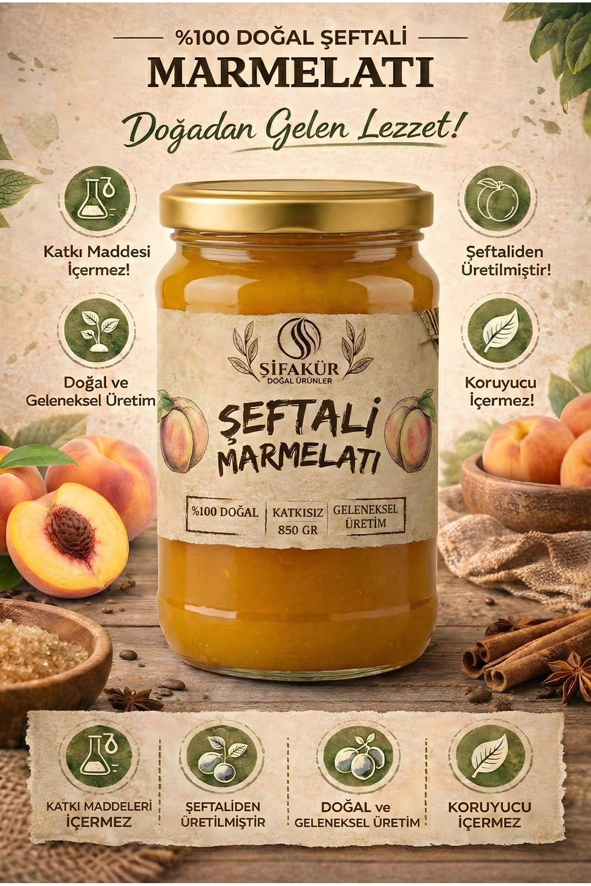 Şifakür Şeftali Marmelatı Katkısız Şeker İlavesiz Doğal Geleneksel Lezzet 850g