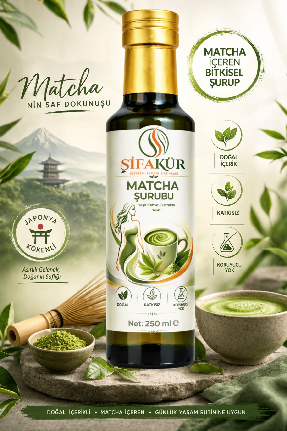 Şifakür Japon Matcha Şurubu 250 ml Yeşil Çay Ekstraktlı Bitkisel İçerikli Sıvı Ürün