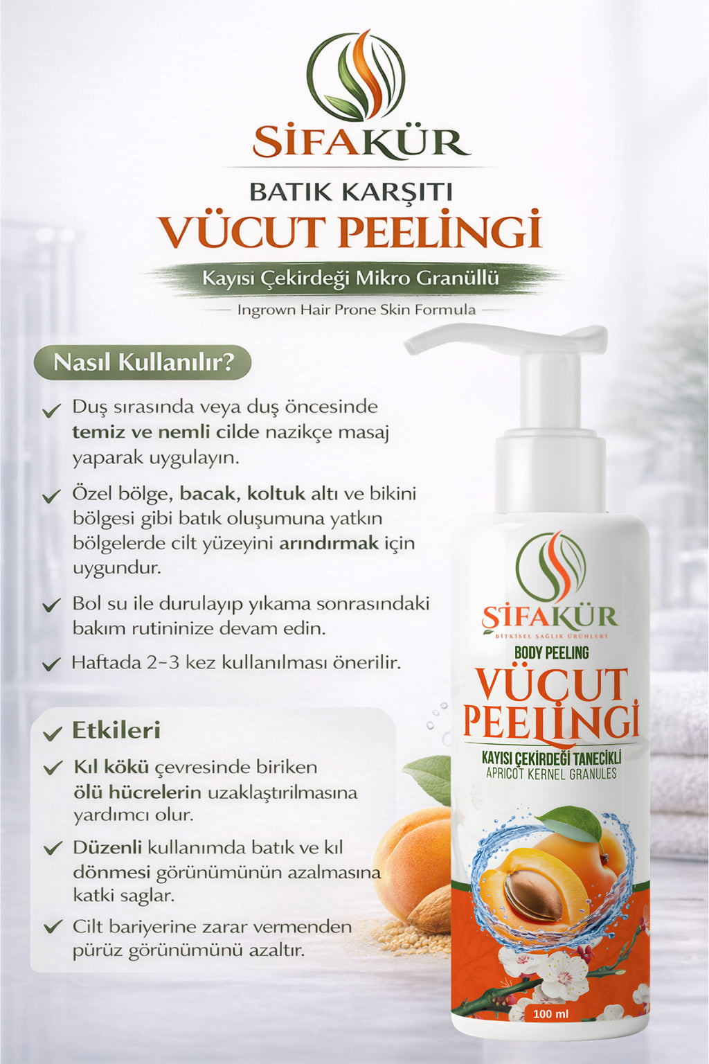 ŞİFAKÜR Batık Karşıtı Vücut Peelingi 100 ml – Kıl Dönmesi, Pürüzlü Cilt ve Özel Bölge Bakımı