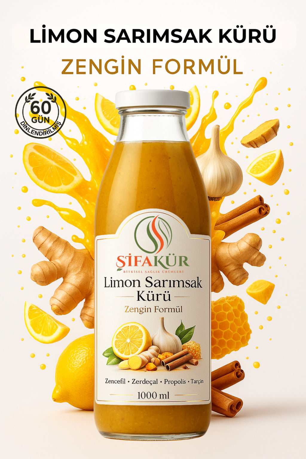 Şifakür Limon Sarımsak Kürü 1000ml | 60 Gün Dinlendirilmiş Propolis Zencefil Zerdeçal Tarçınlı Deste