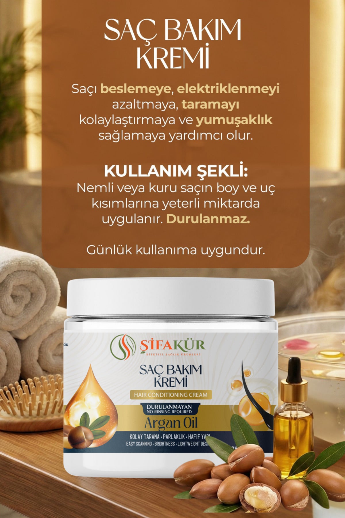 Şifakür Argan Yağlı Sülfatsız Durulanmayan Saç Kremi Besleyici Bakım Kolay Tarama 250ml