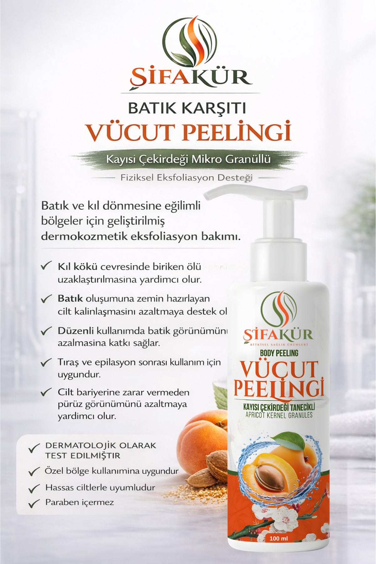 ŞİFAKÜR Batık Karşıtı Vücut Peelingi 100 ml – Kıl Dönmesi, Pürüzlü Cilt ve Özel Bölge Bakımı