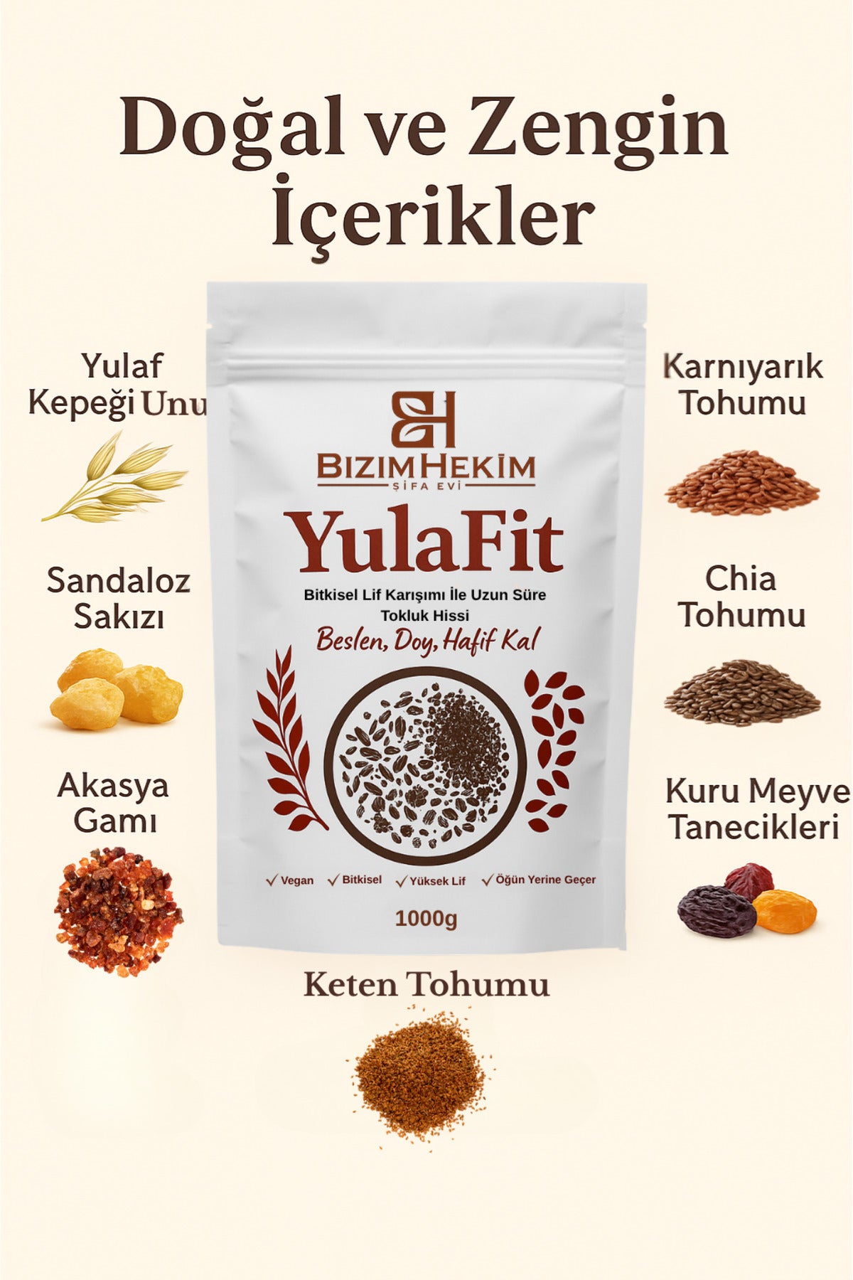 YulaFit Kalorisiz çiğ Tok Tutan Lif Karışımı Yulaf Kepeği unu Vegan 1000g