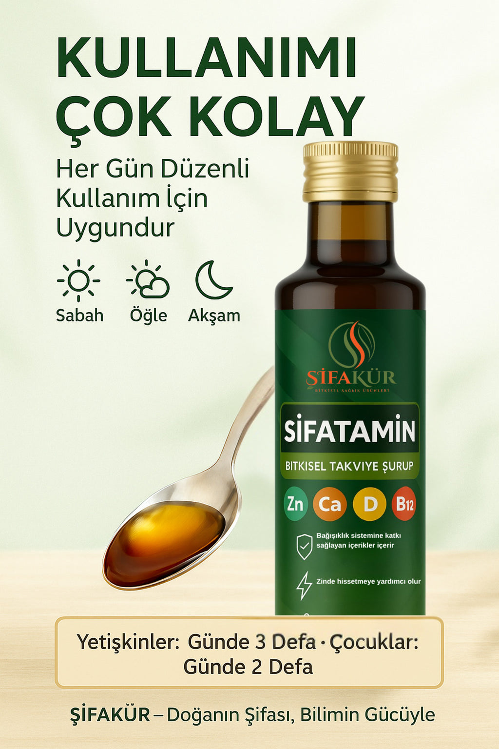 ŞİFATAMİN Bitkisel Takviye Şurup | D3, B12, K2, Çinko, Kalsiyum İçerikli | Bağışıklık Desteği