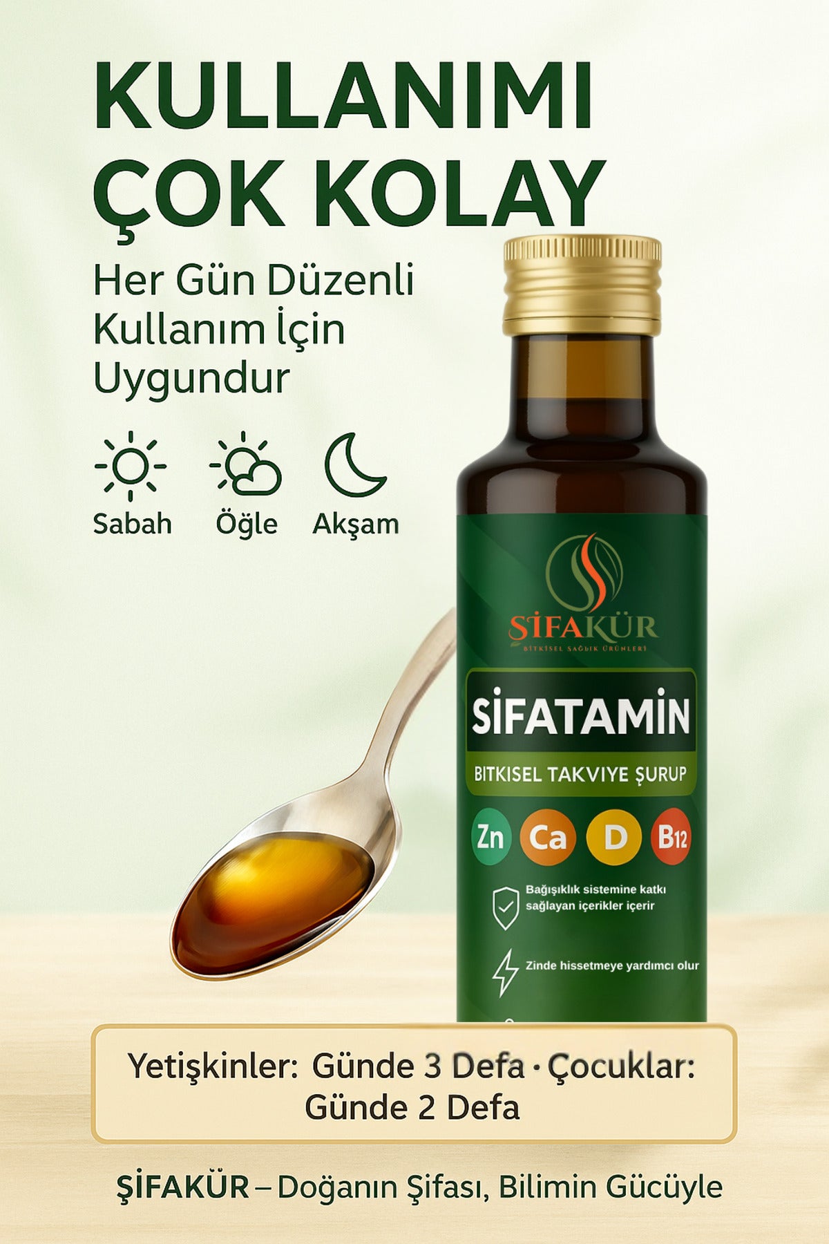 ŞİFATAMİN Bitkisel Takviye Şurup | D3, B12, K2, Çinko, Kalsiyum İçerikli | Bağışıklık Desteği