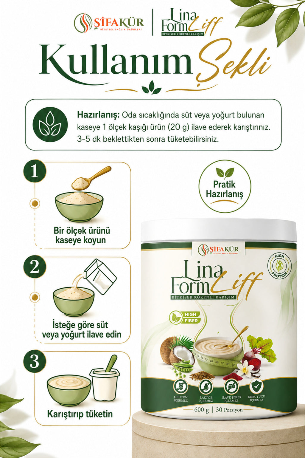 Lina FormLiff Yüksek Lifli Prebiyotik Toz İnülin Akasya Gamı Glutensiz Vanilyalı 600 g