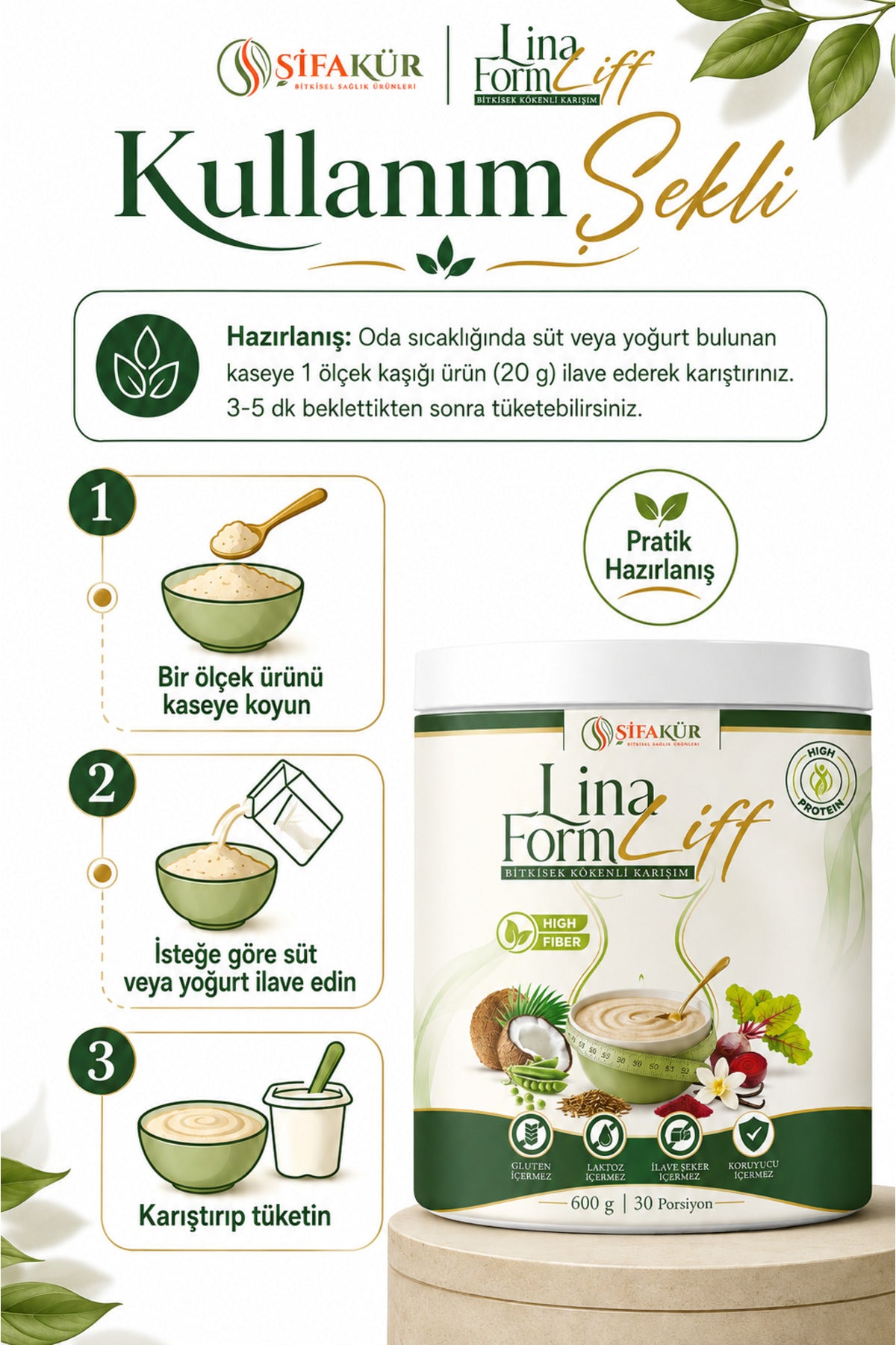 Lina FormLiff Yüksek Lifli Prebiyotik Toz İnülin Akasya Gamı Glutensiz Vanilyalı 600 g