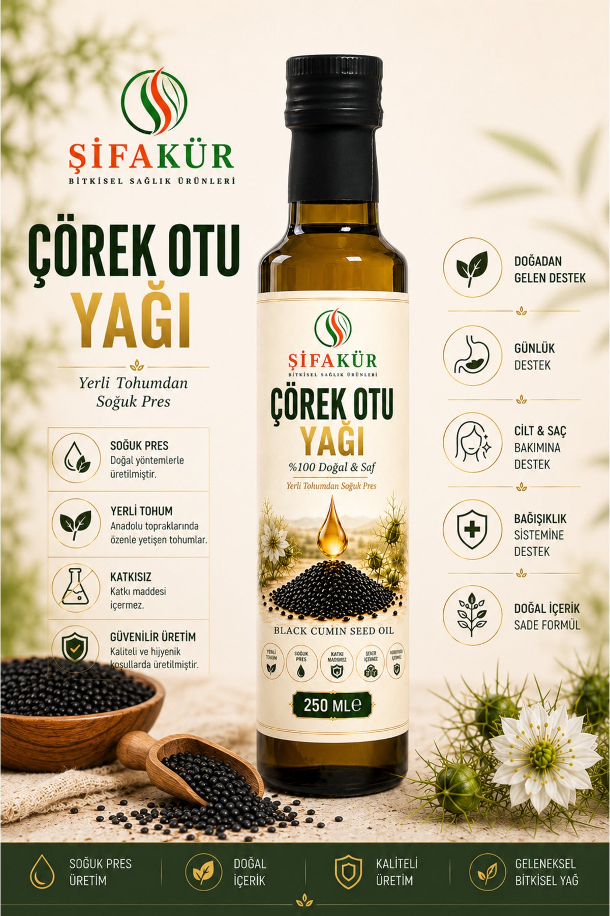 Şifakür Çörek Otu Yağı (Çörekotu) 250 ml Soğuk Pres Yerli Tohum Katkısız Cam Şişe