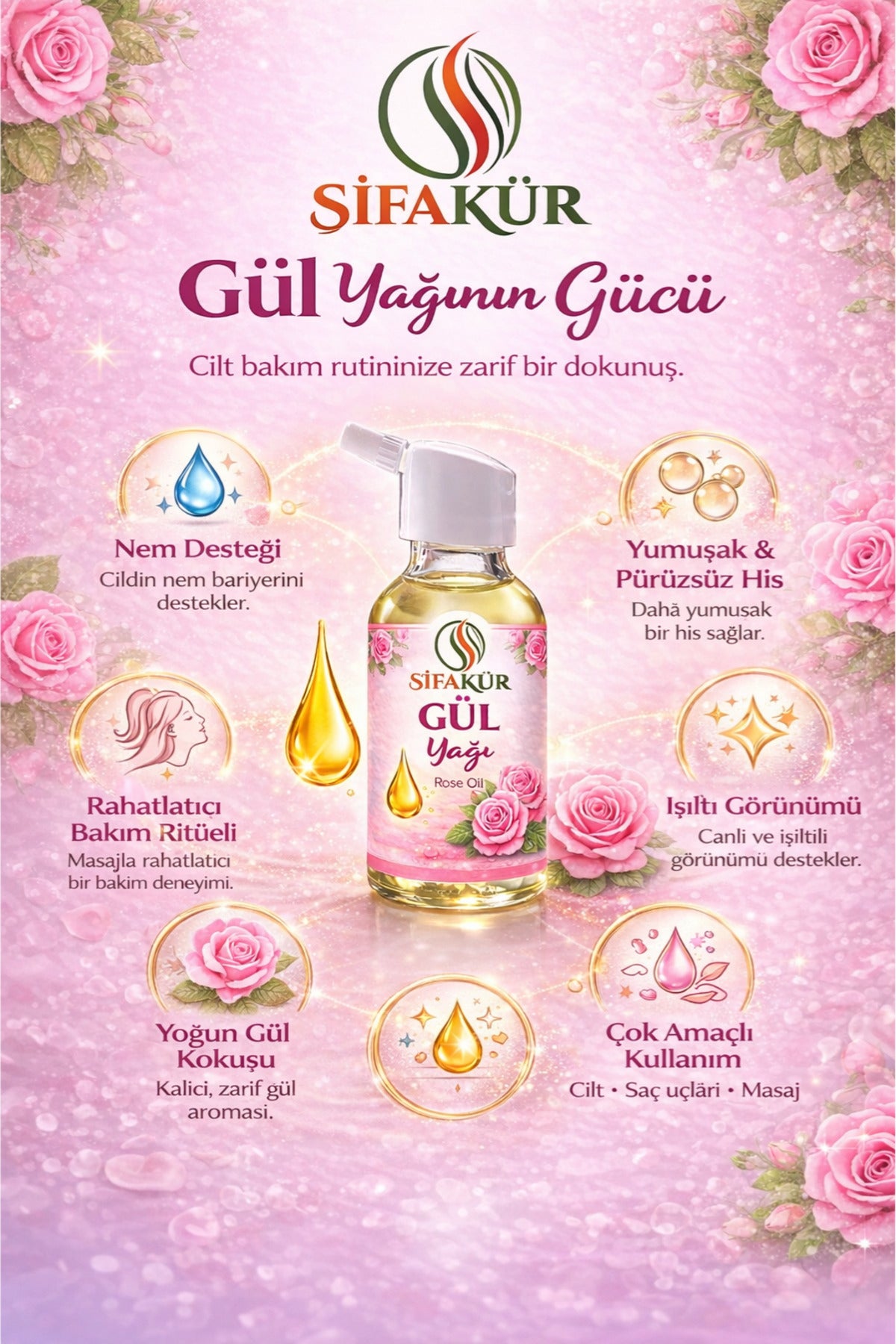Şifakür %100 Saf Doğal Gül Yağı Damlalıklı Cilt Saç Masaj Bakımı 20ml