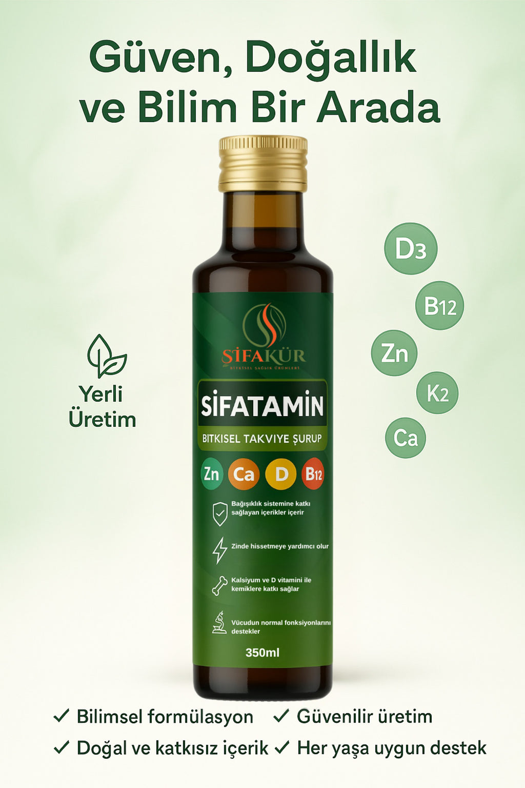ŞİFATAMİN Bitkisel Takviye Şurup | D3, B12, K2, Çinko, Kalsiyum İçerikli | Bağışıklık Desteği
