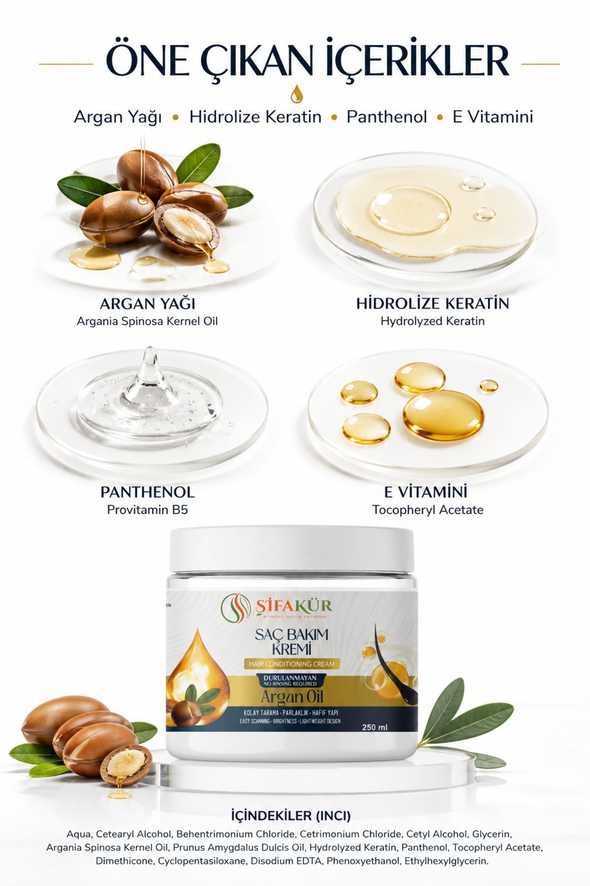 Durulanmayan Saç Kremi 250 ml Argan Yağlı Sülfatsız Kolay Tarama Kremi