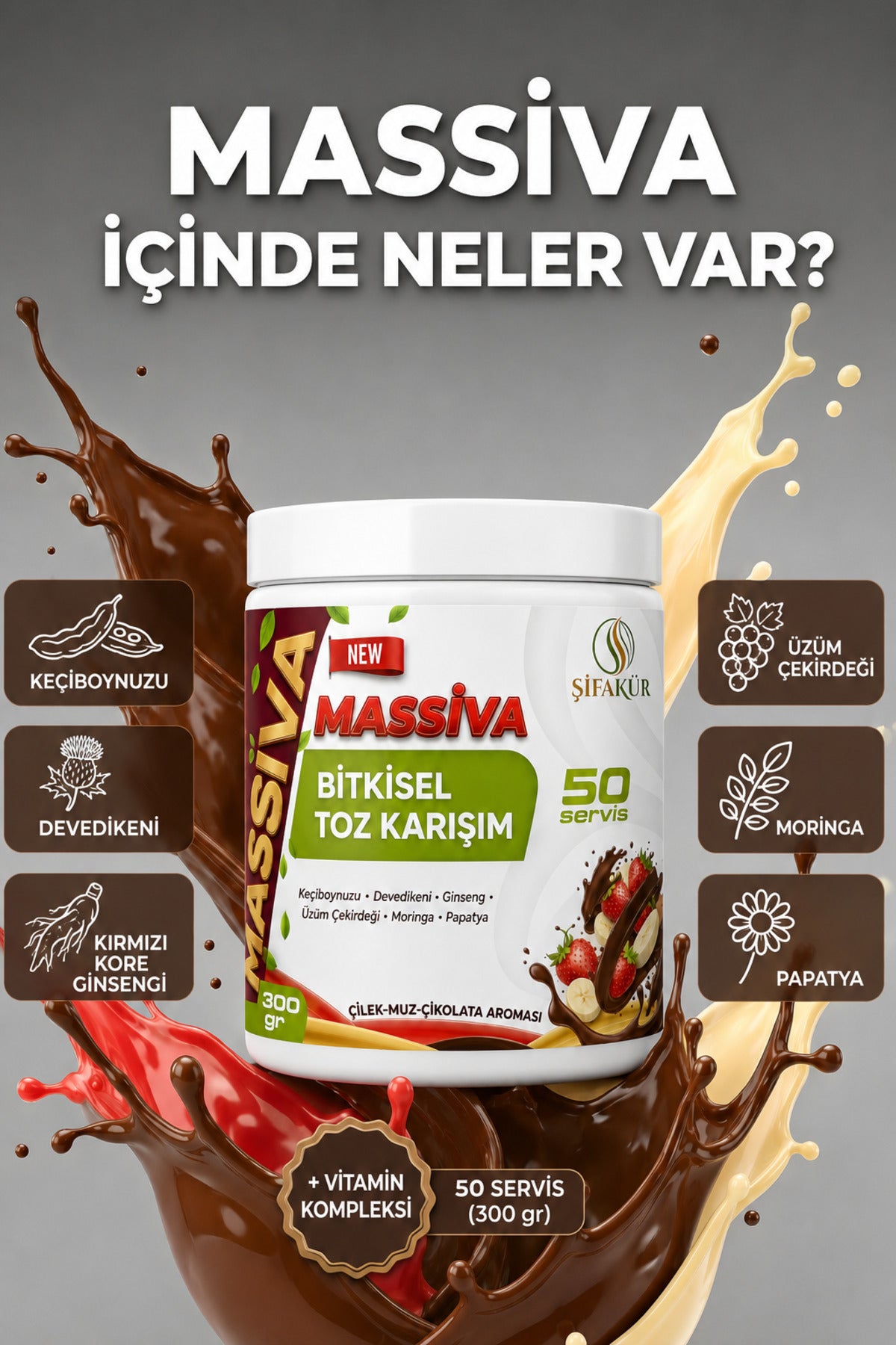 Şifakür Massiva Bitkisel Toz İçecek Karışımı Ginsengli Çilek Muz Çikolata Aromalı 50 Servis 300 gr