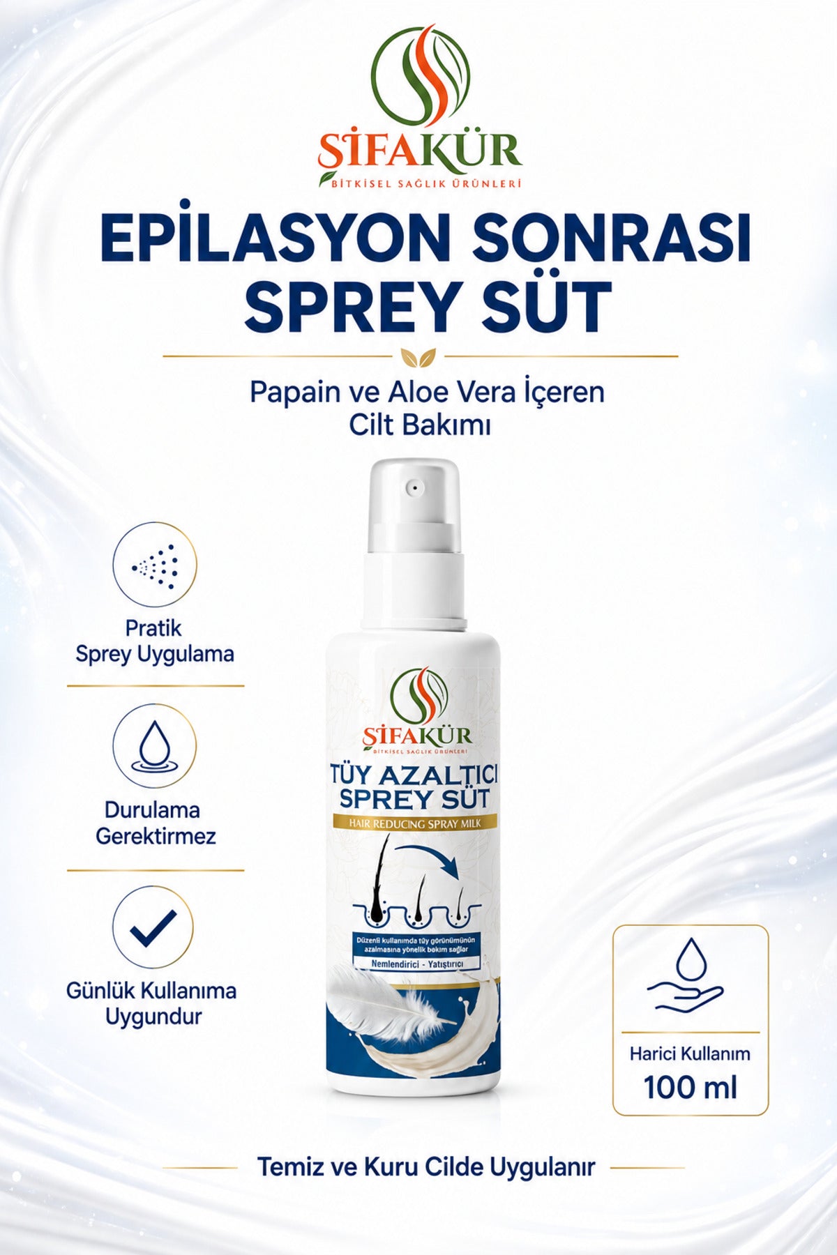 Epilasyon Sonrası Bakım Spreyi 100 ml Papain ve Aloe Veralı Süt Sprey