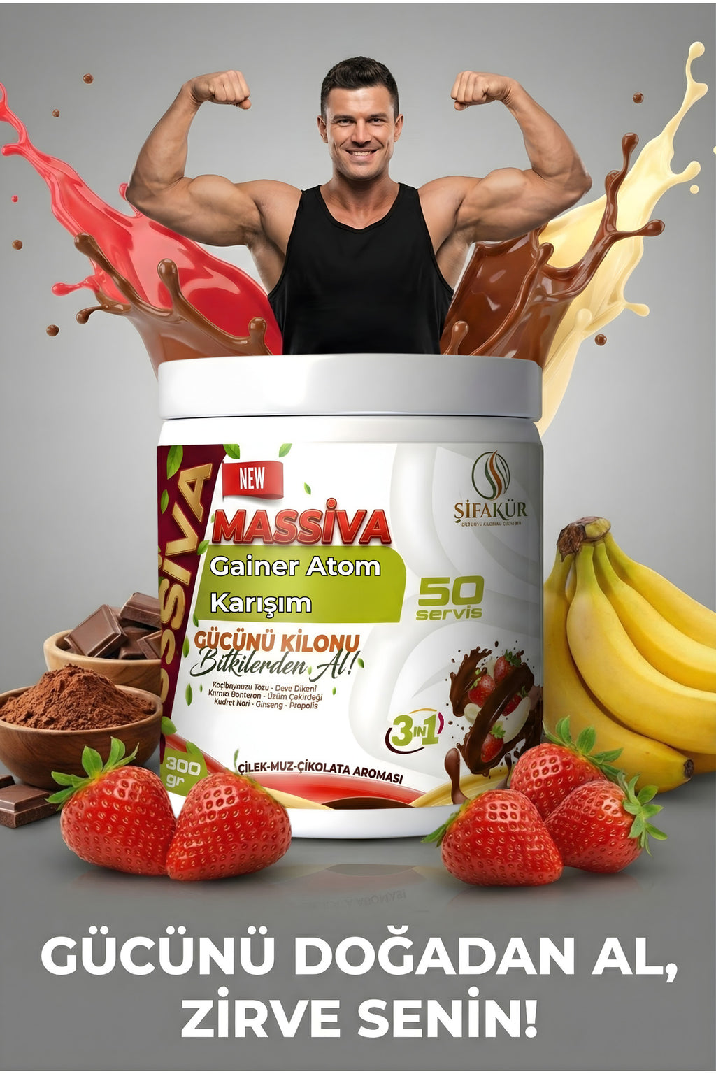 Şifakür Massiva Bitkisel Gainer Ginsengli Kilo & İştah Desteği Çilek Muz Çikolata 300gr