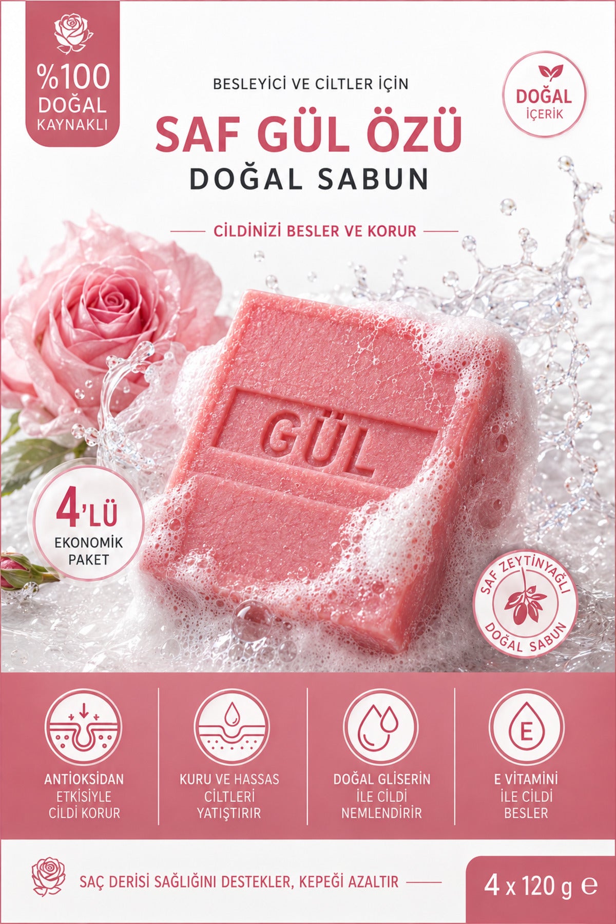 Saf Gül Özlü Gül Sabunu 4’lü Paket 4 x 120 g | Doğal Kaynaklı El, Yüz ve Vücut Sabunu