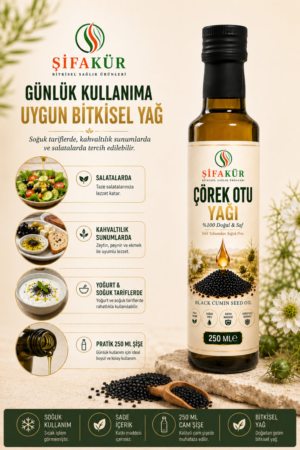 Şifakür Çörek Otu Yağı (Çörekotu) 250 ml Soğuk Pres Yerli Tohum Katkısız Cam Şişe