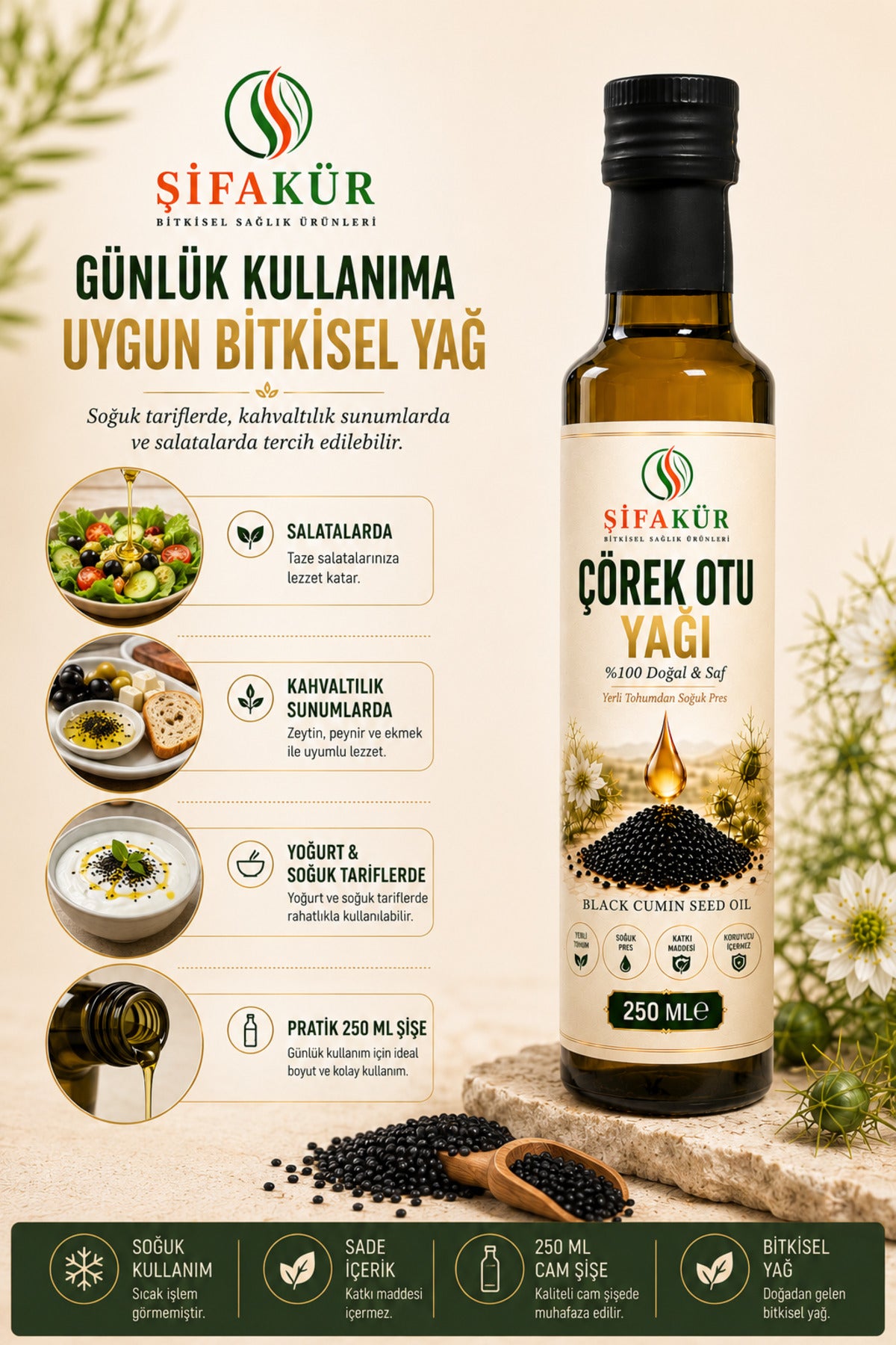 Şifakür Çörek Otu Yağı (Çörekotu) 250 ml Soğuk Pres Yerli Tohum Katkısız Cam Şişe