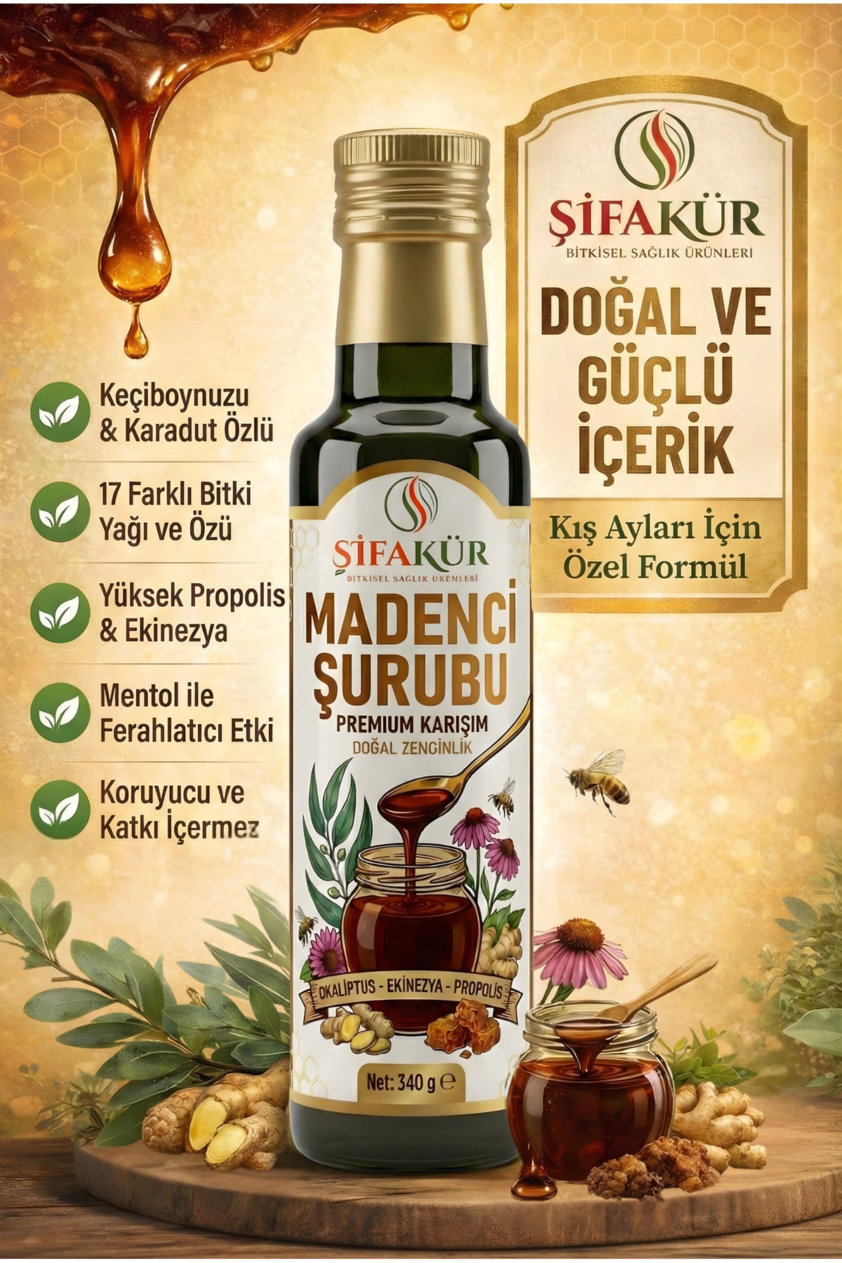 Şifakür Madenci Şurubu Propolis Zerdeçal Zencefil Okaliptus Özlü Kış Karışımı 340 Gr