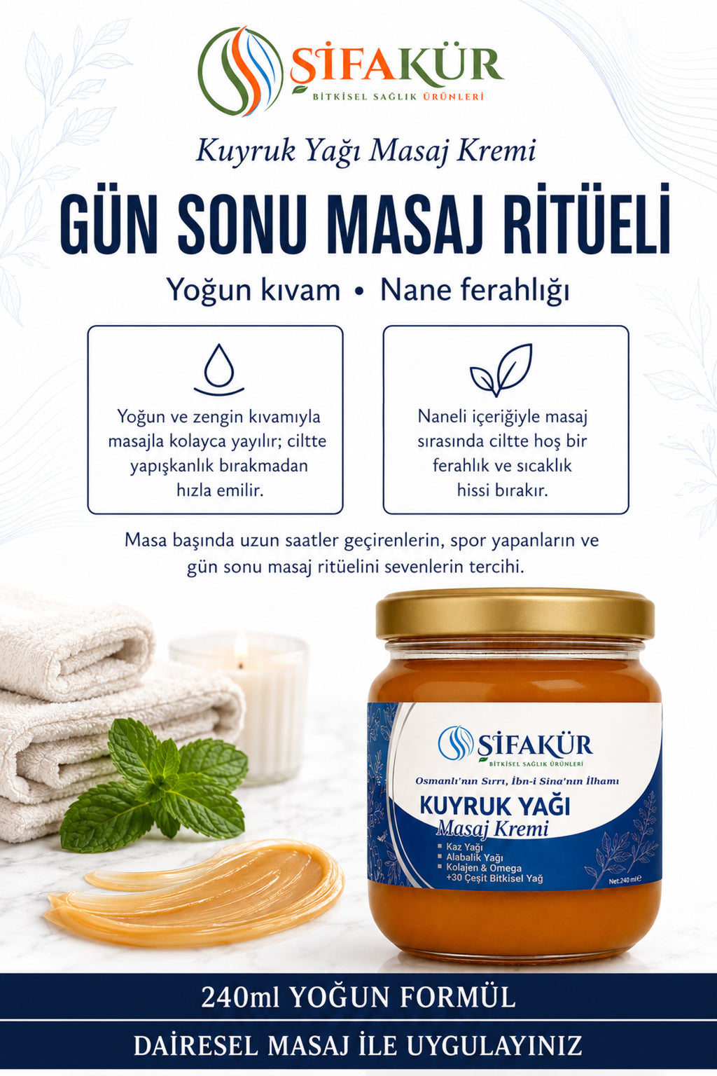 Şifakür Kuyruk Yağı Masaj Kremi Kaz Yağı Alabalık Yağı Kolajenli Cilt Bakım Kremi 240 ml