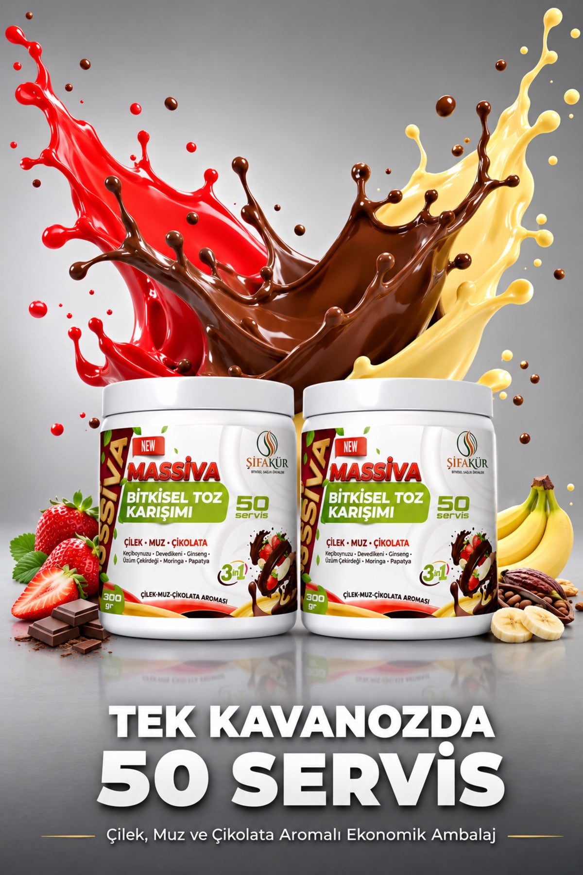 Şifakür Massiva Bitkisel Toz İçecek Karışımı Ginsengli Çilek Muz Çikolata Aromalı 50 Servis 300 gr