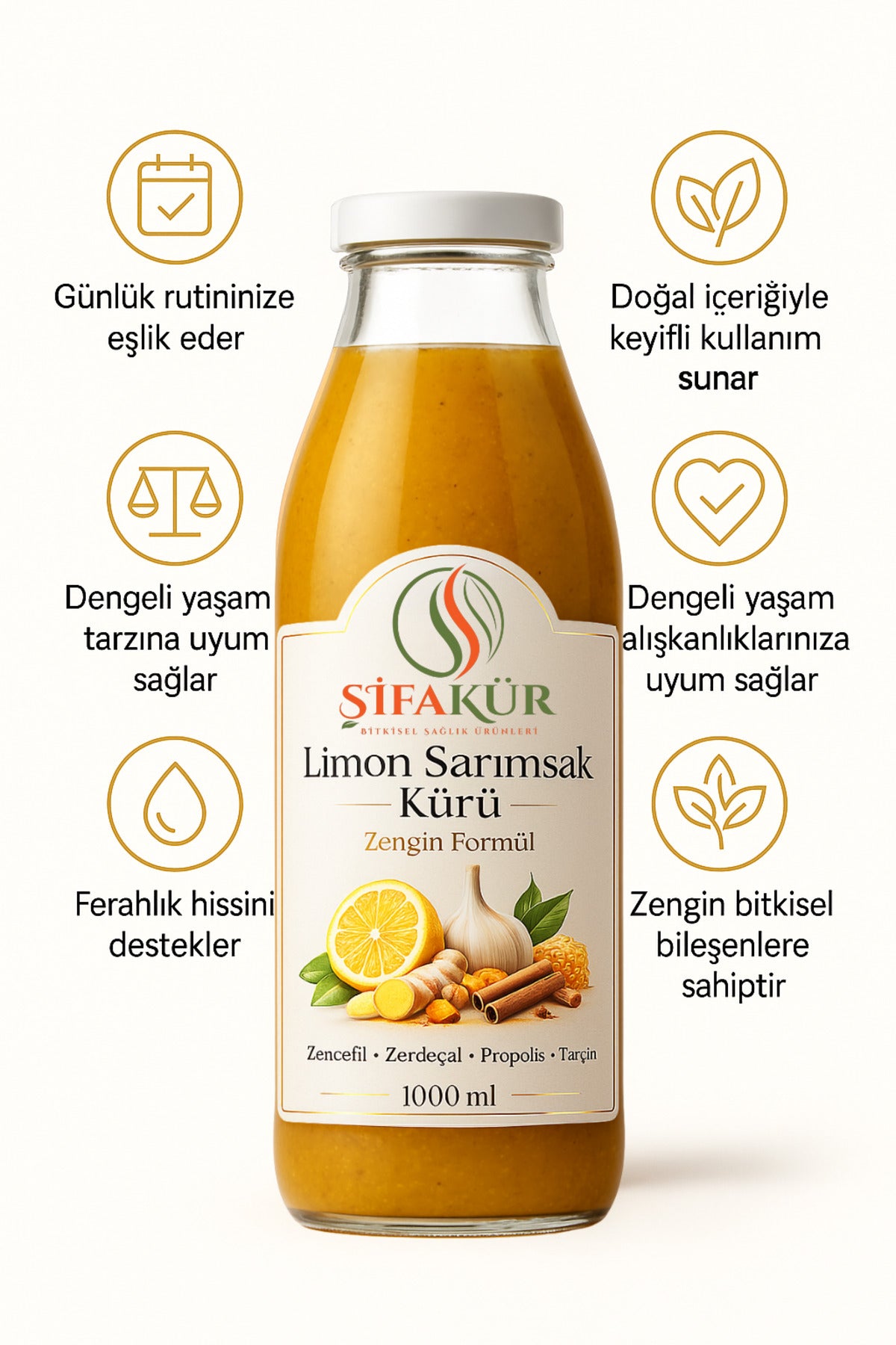 Şifakür Limon Sarımsak Kürü 1000ml | 60 Gün Dinlendirilmiş Propolis Zencefil Zerdeçal Tarçınlı Deste