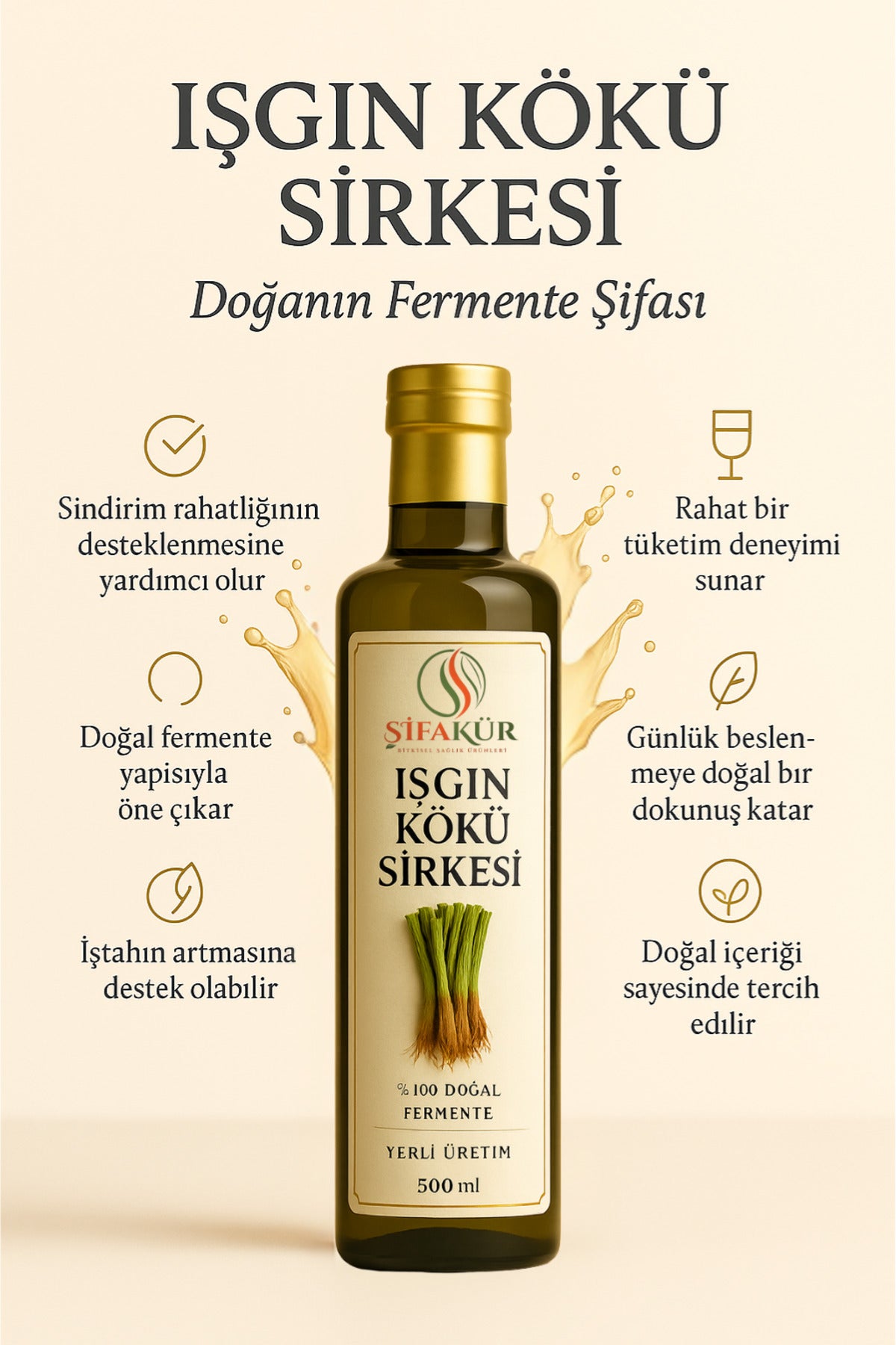 Şifakür Işgın Kökü Sirkesi 500ml Doğal Fermente Katkısız Mutfak ve İçim