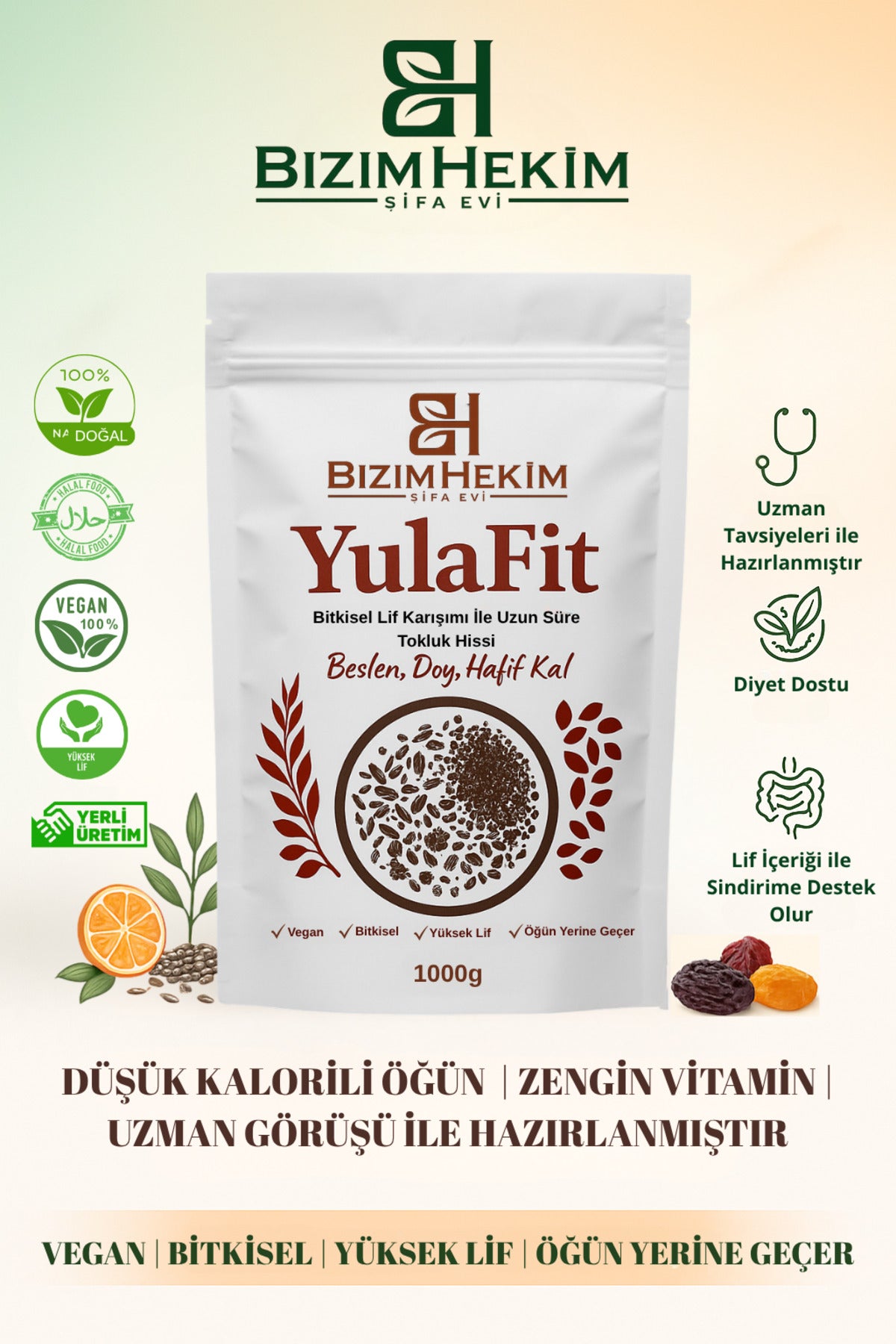 YulaFit Kalorisiz çiğ Tok Tutan Lif Karışımı Yulaf Kepeği unu Vegan 1000g