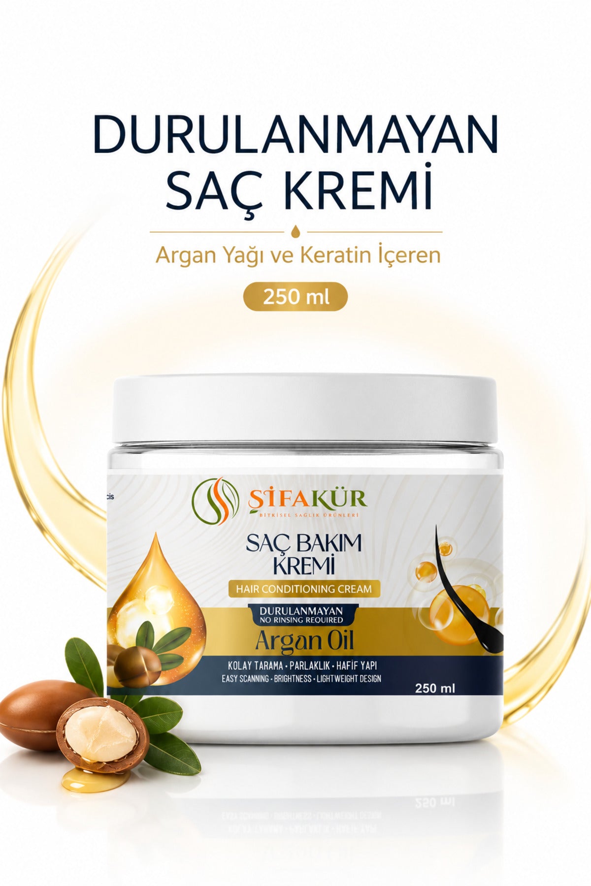Durulanmayan Saç Kremi 250 ml Argan Yağlı Sülfatsız Kolay Tarama Kremi