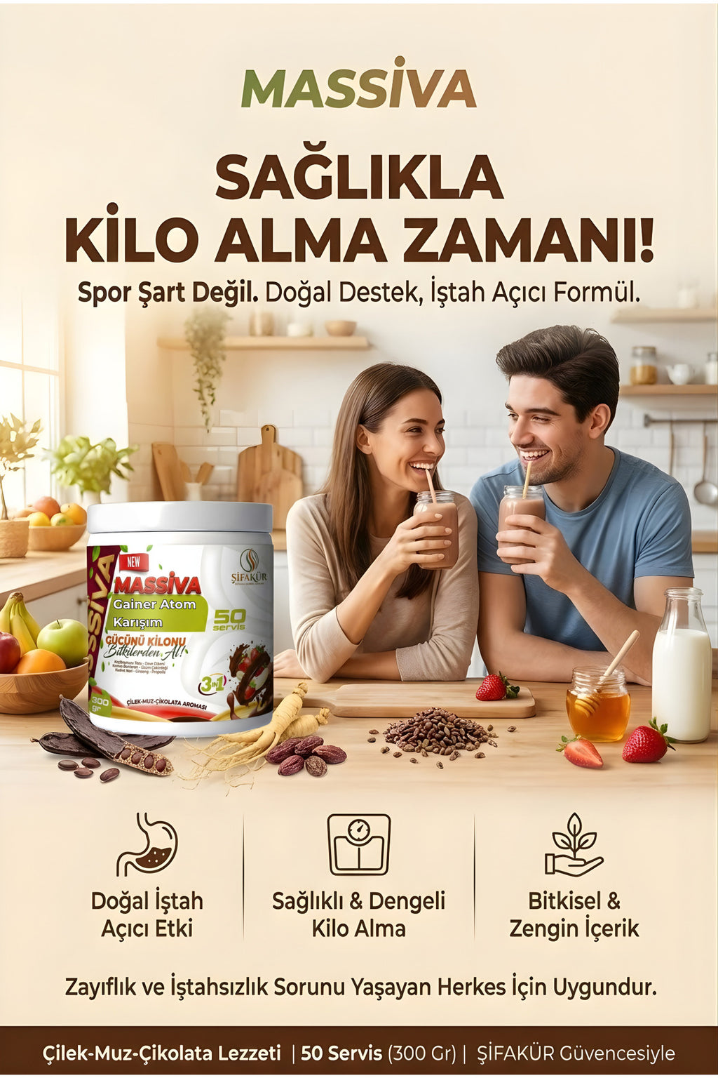 Şifakür Massiva Bitkisel Gainer Ginsengli Kilo & İştah Desteği Çilek Muz Çikolata 300gr