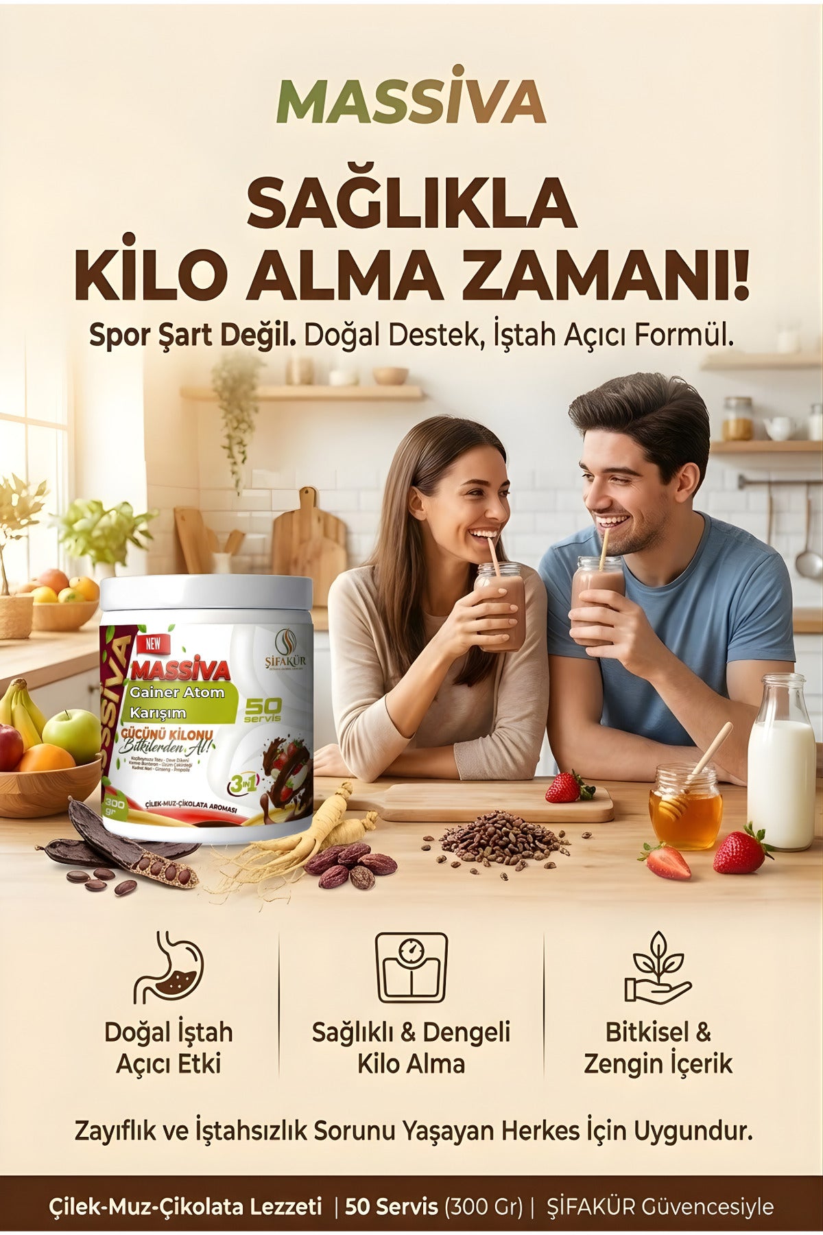 Şifakür Massiva Bitkisel Gainer Ginsengli Kilo & İştah Desteği Çilek Muz Çikolata 300gr