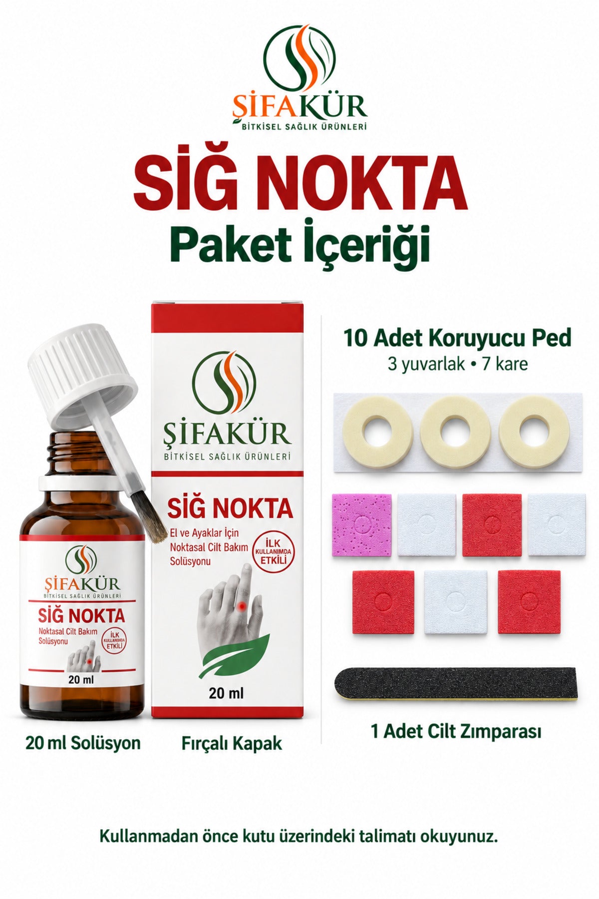 Siğ Nokta Noktasal Cilt Bakım Solüsyonu 20 ml 10 Koruyucu Ped ve Törpü Seti
