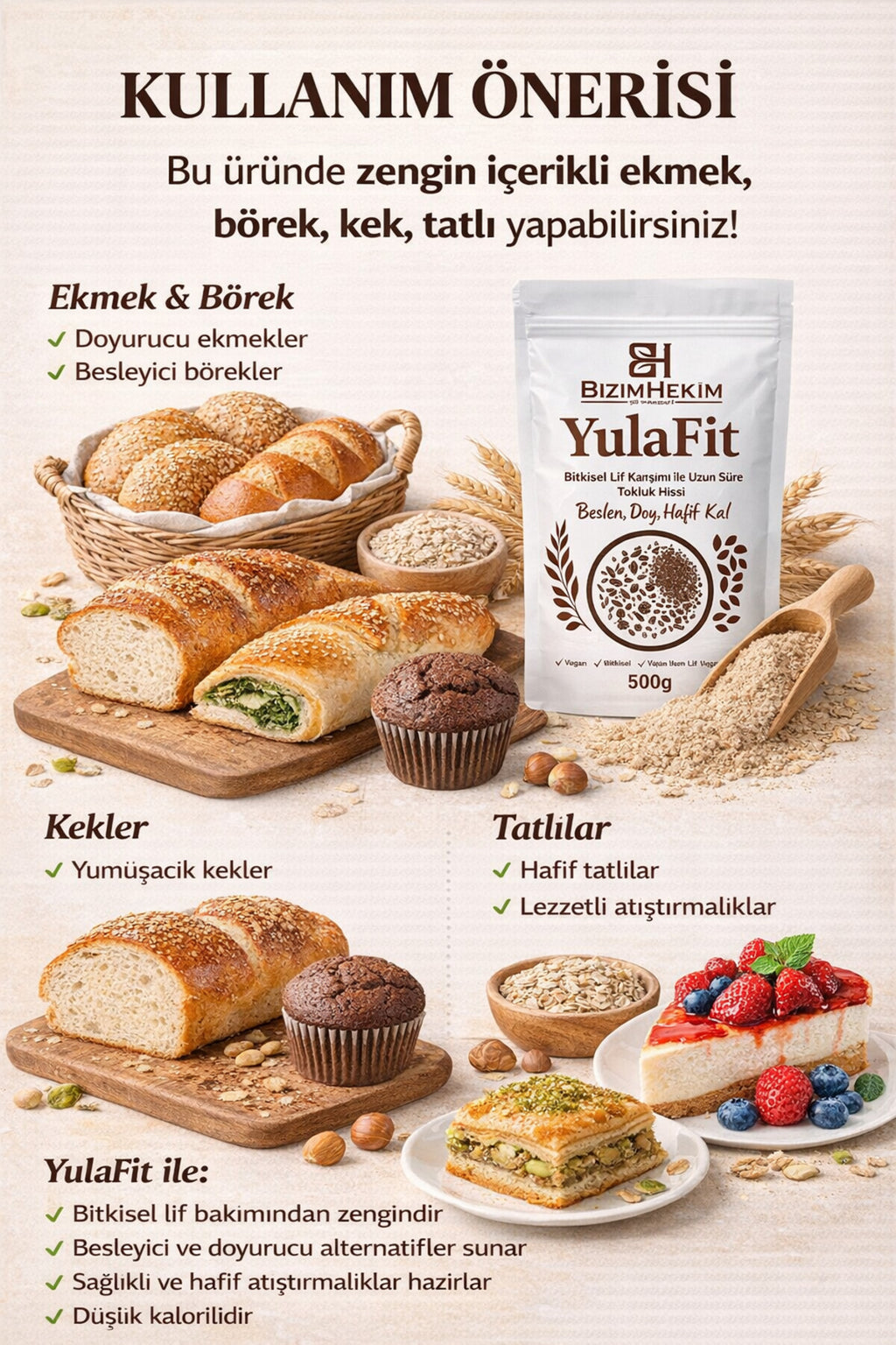 YulaFit Kalorisiz çiğ Tok Tutan Lif Karışımı Yulaf Kepeği unu Vegan 1000g