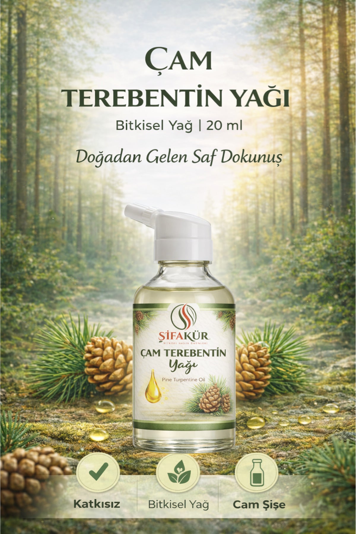 Şifakür Çam Terebentin Yağı %100 Saf Doğal Damlalıklı Cilt Saç Masaj Bakımı 20ml