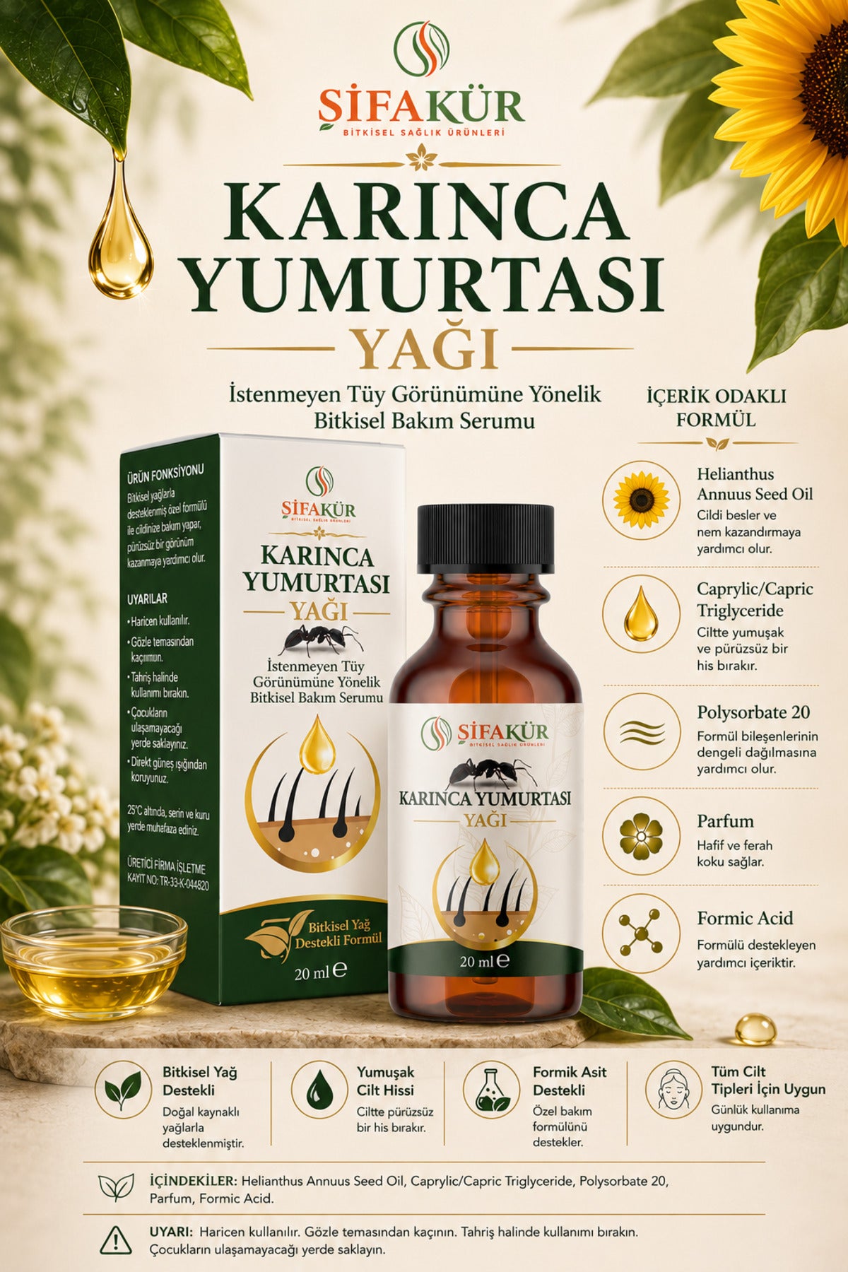 Karınca Yumurtası Yağı Tüy Azaltıcı Tüy Epilasyon Sonrası Serum 20 ml