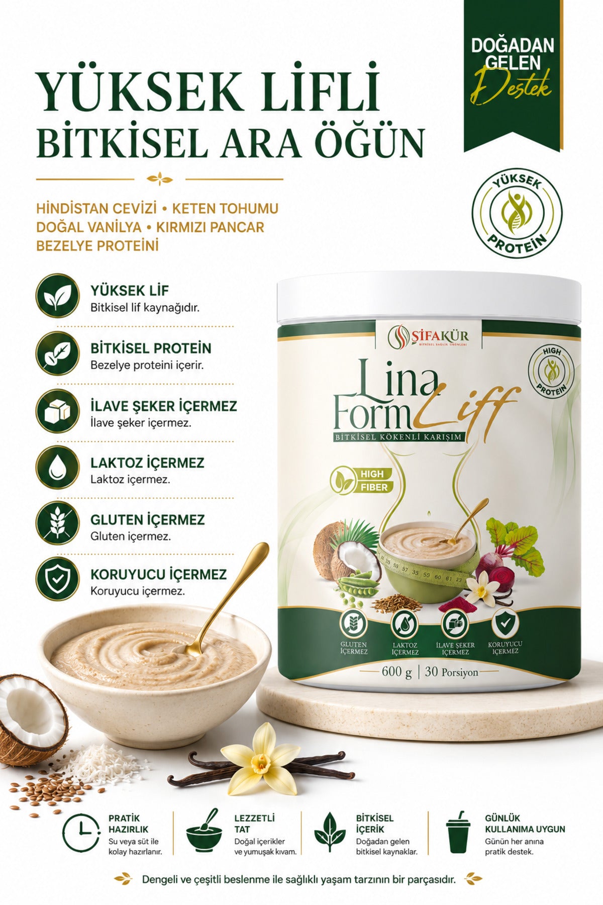 Lina FormLiff Yüksek Lifli Prebiyotik Toz İnülin Akasya Gamı Glutensiz Vanilyalı 600 g