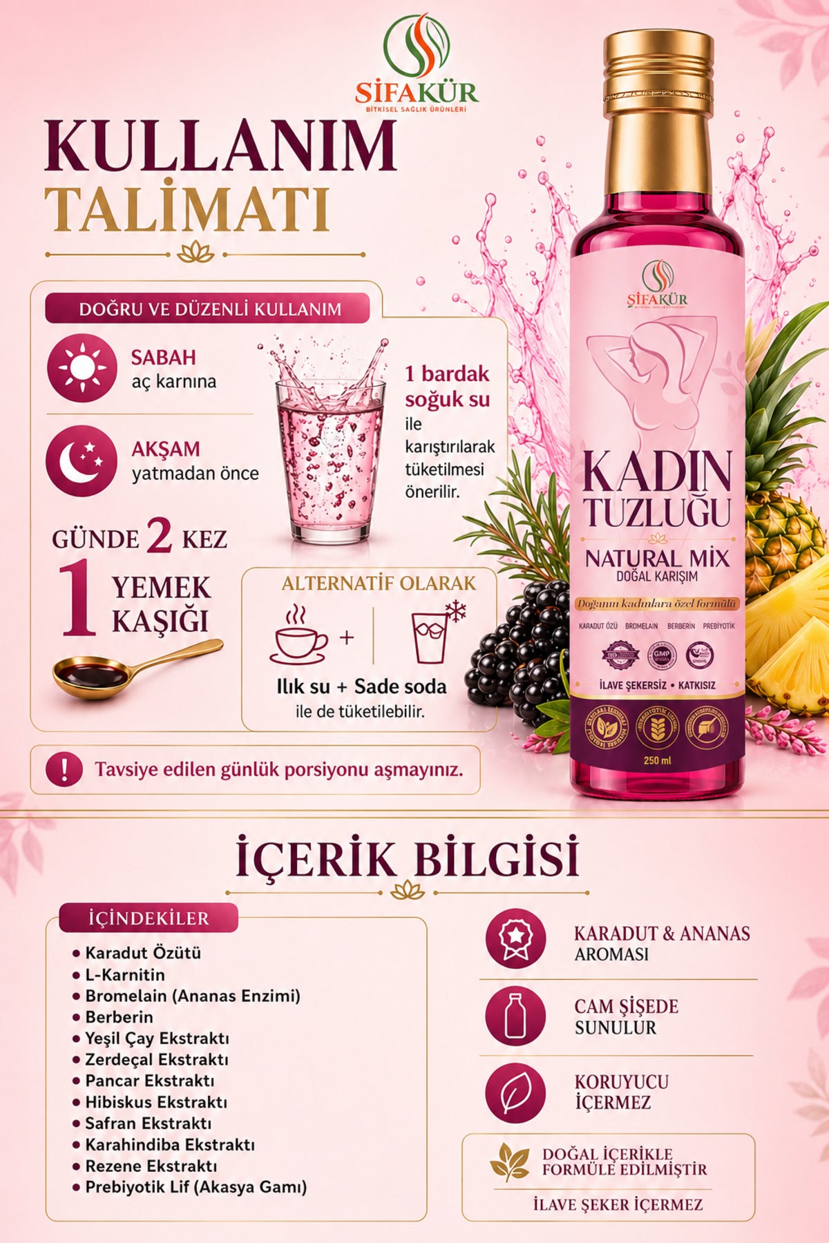 ŞİFAKÜR Kadın Tuzluğu Şurubu Natural Mix 250 ml Karadut Ananas Aromalı Bromelain Berberin Safran Prebiyotik