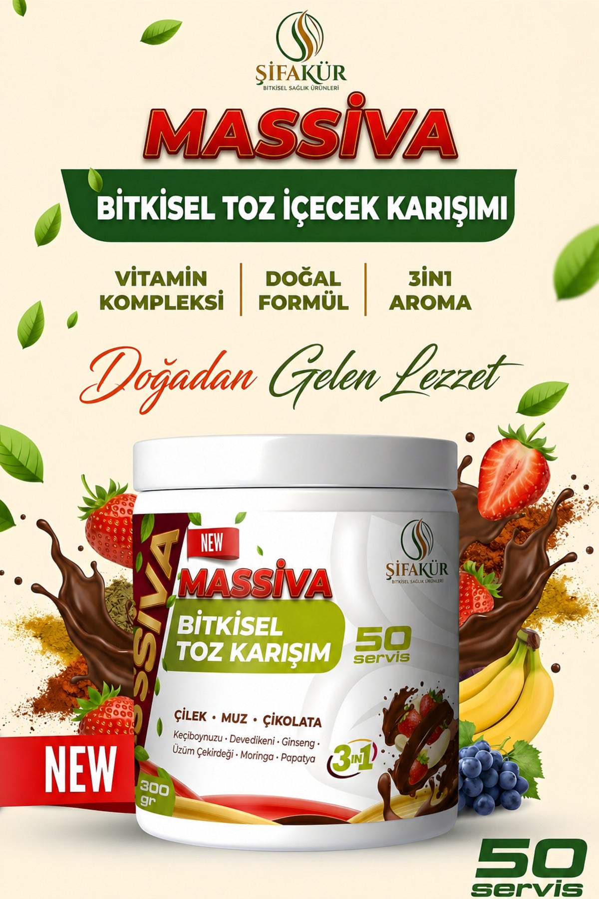 Şifakür Massiva Bitkisel Toz İçecek Karışımı Ginsengli Çilek Muz Çikolata Aromalı 50 Servis 300 gr