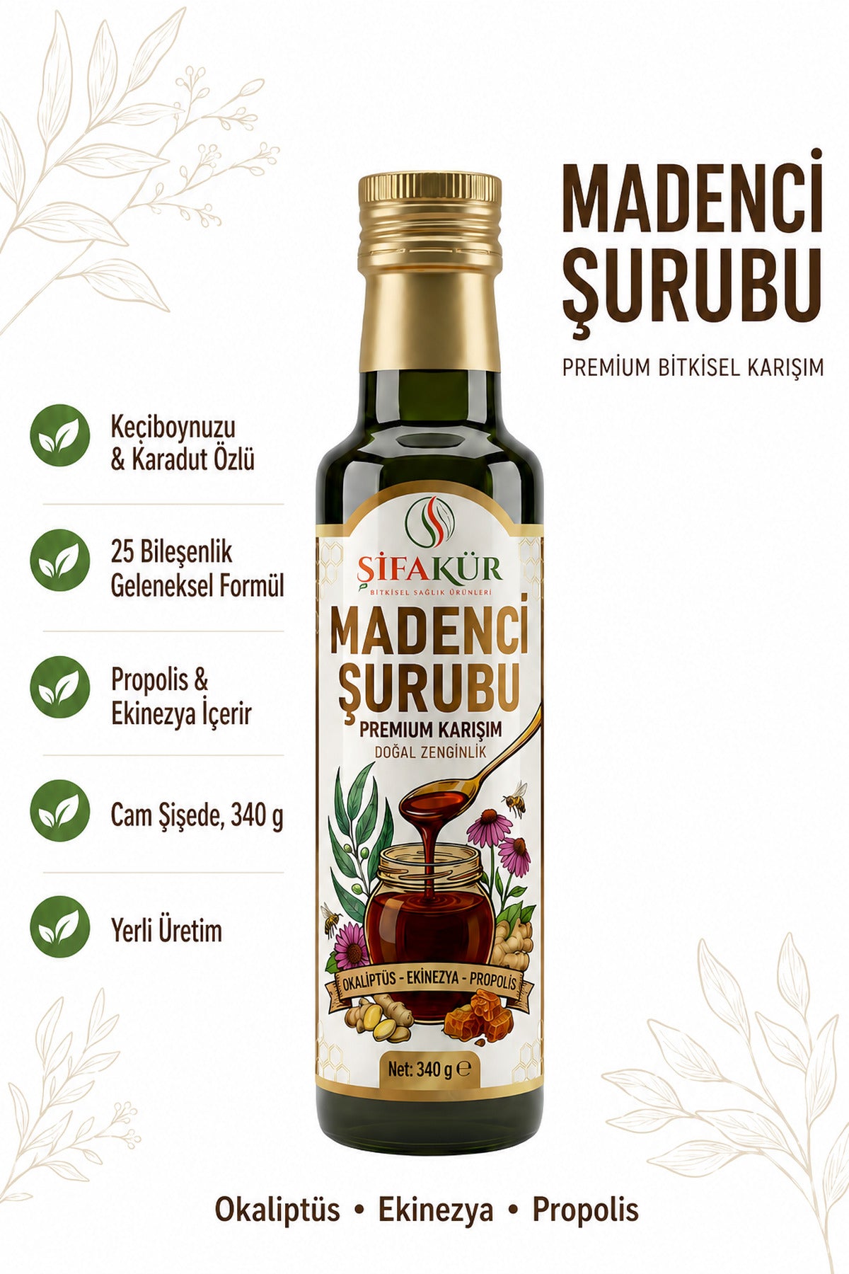Şifakür Madenci Şurubu Propolis Zerdeçal Zencefil Okaliptüs Özlü Bitkisel Karışım 340 g