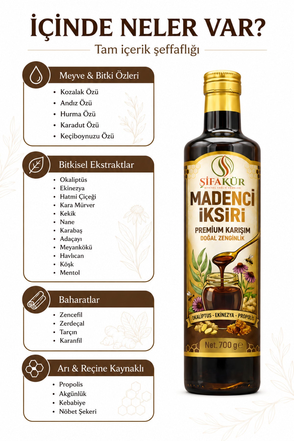 Madenci İksiri Premium Bitkisel Karışım Propolis Ekinezya Okaliptüs Keçiboynuzu 700 g