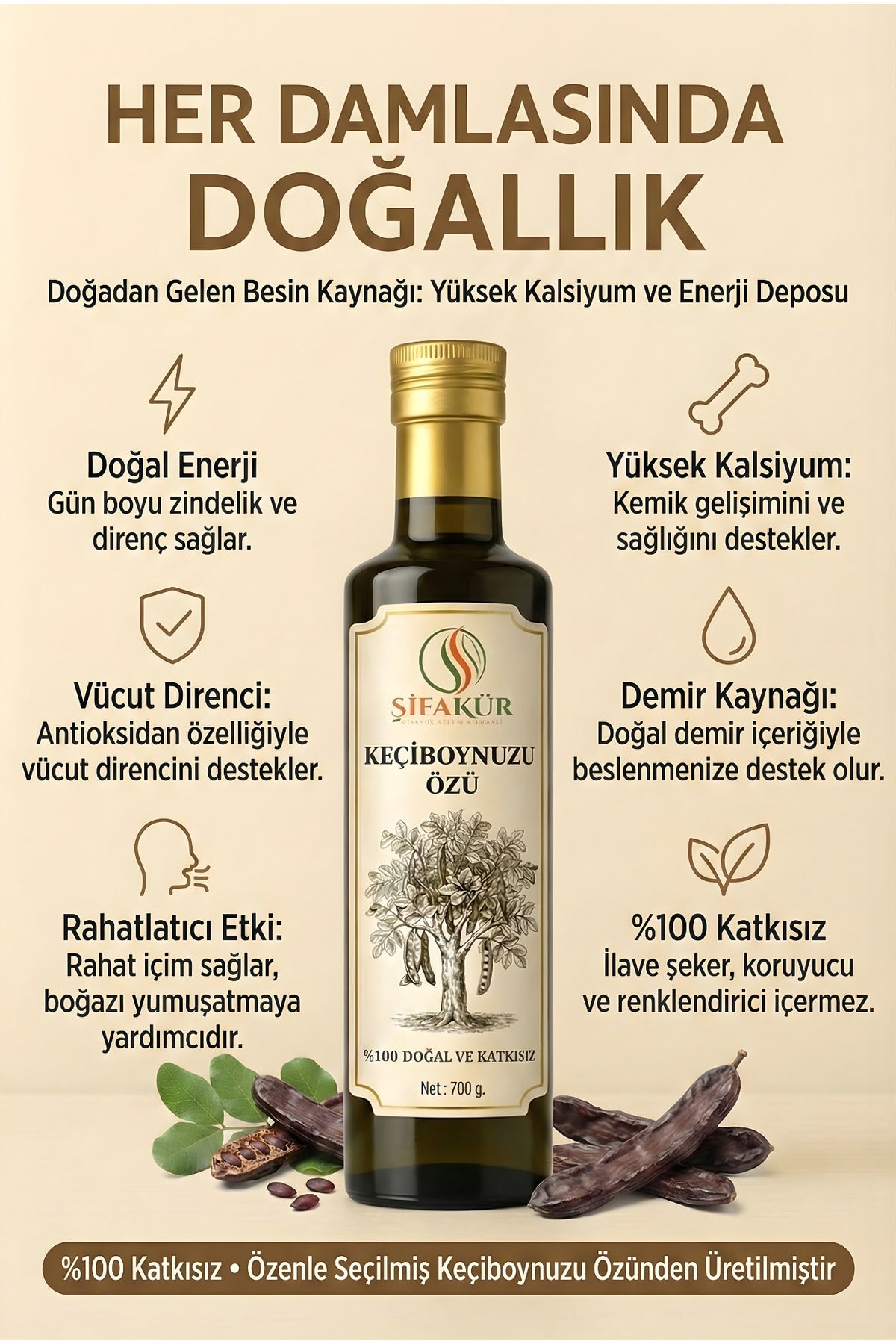 Şifakür Keçiboynuzu Özü %100 Doğal Soğuk Sıkım Katkısız Besleyici Takviye 700g